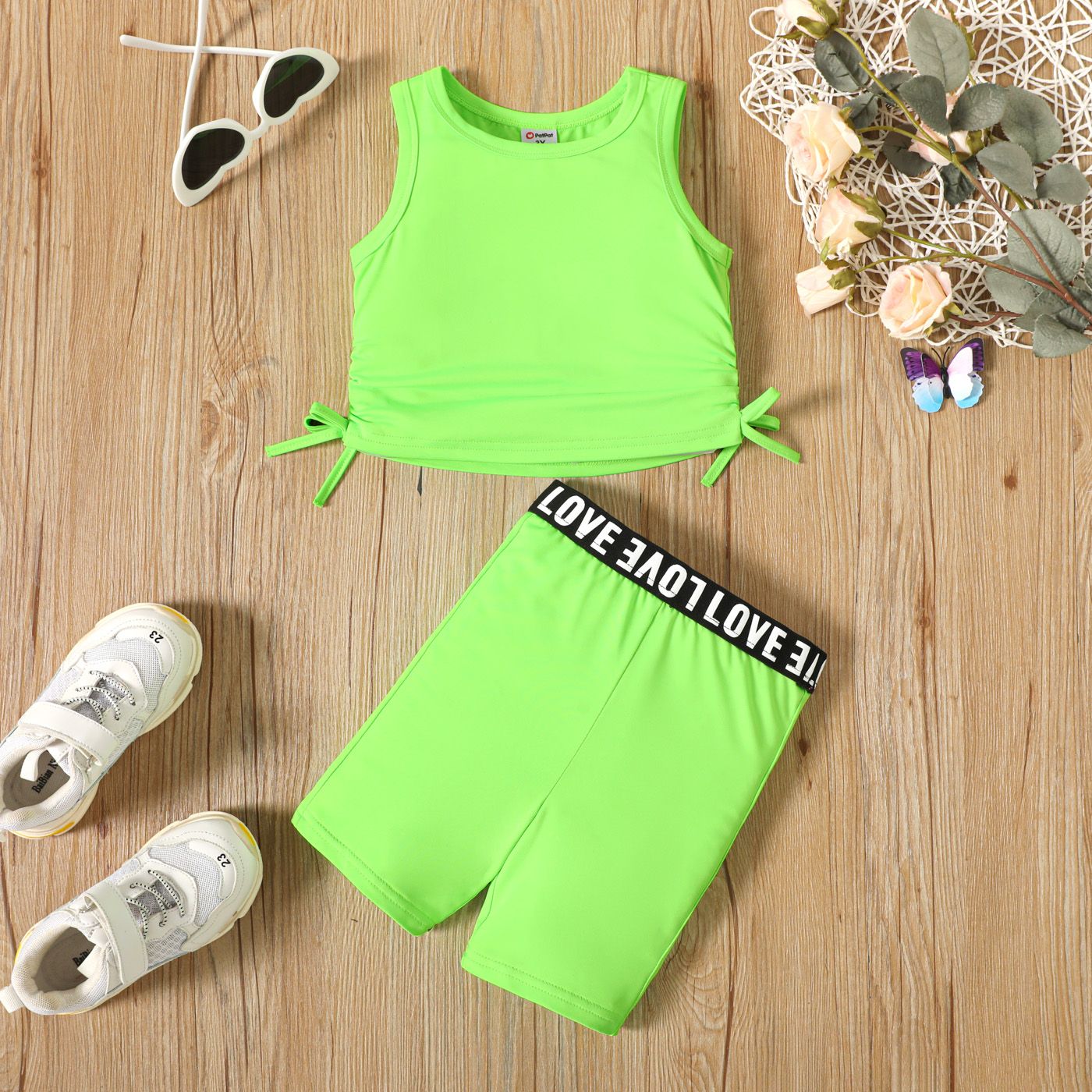 2pcs Toddler Girl Bowknot Design Tank Top And Letter Print Shorts Sporty Set