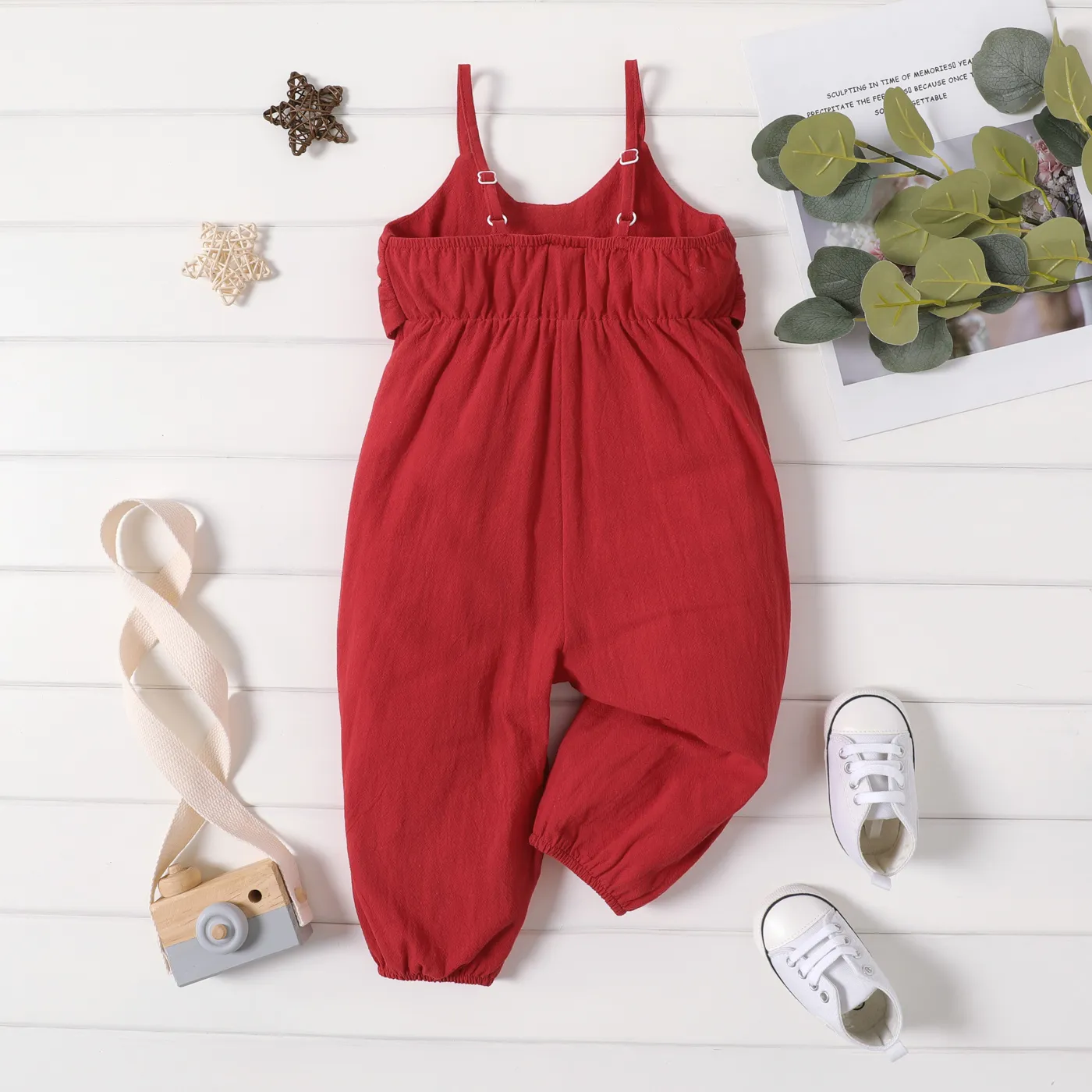 100% Cotton Baby Girl Knot Front Solid Cami Overalls Red-2 big image 1