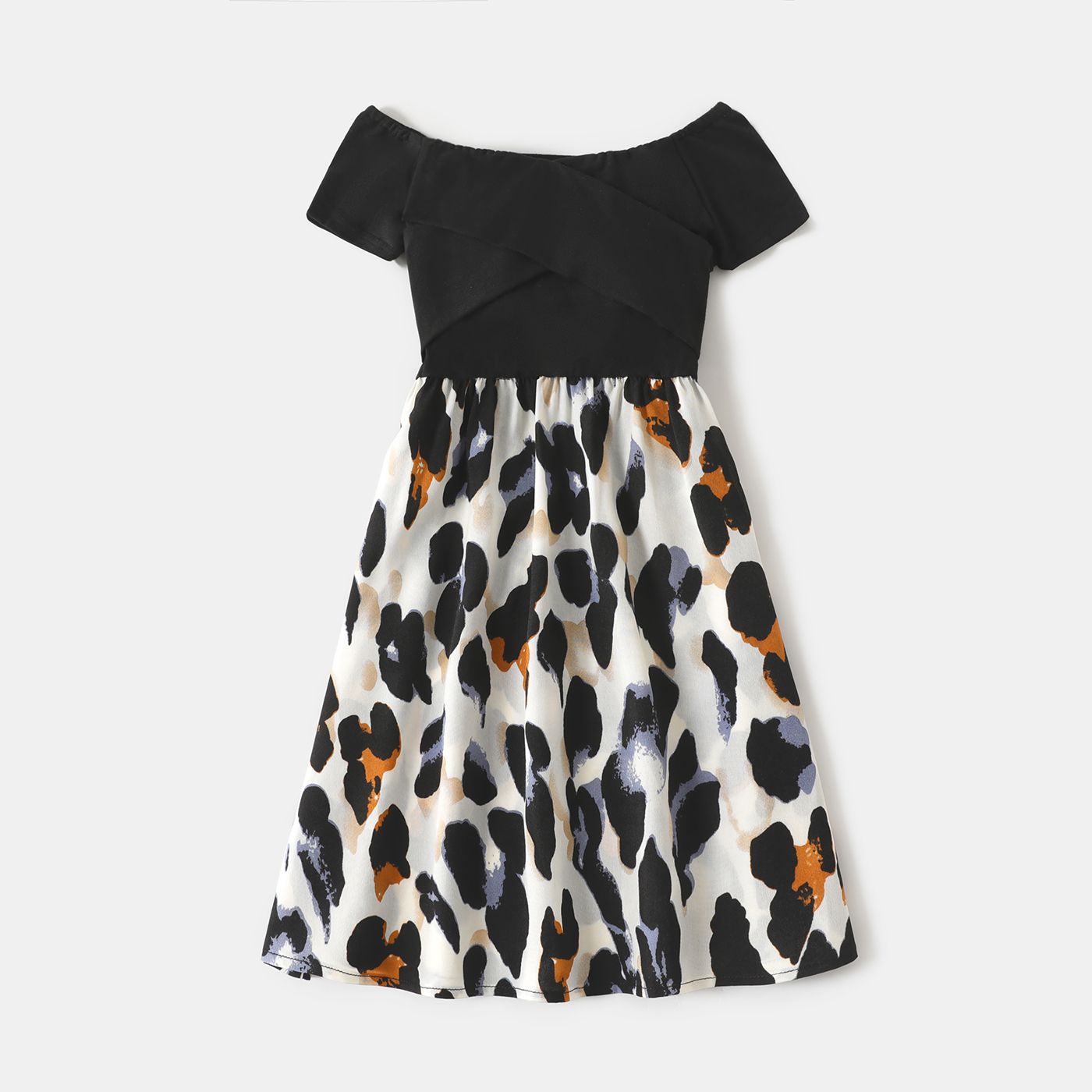 Family Matching Black Splice Leopard Off Shoulder Crisscross Front Short-sleeve Dresses and T-shirts