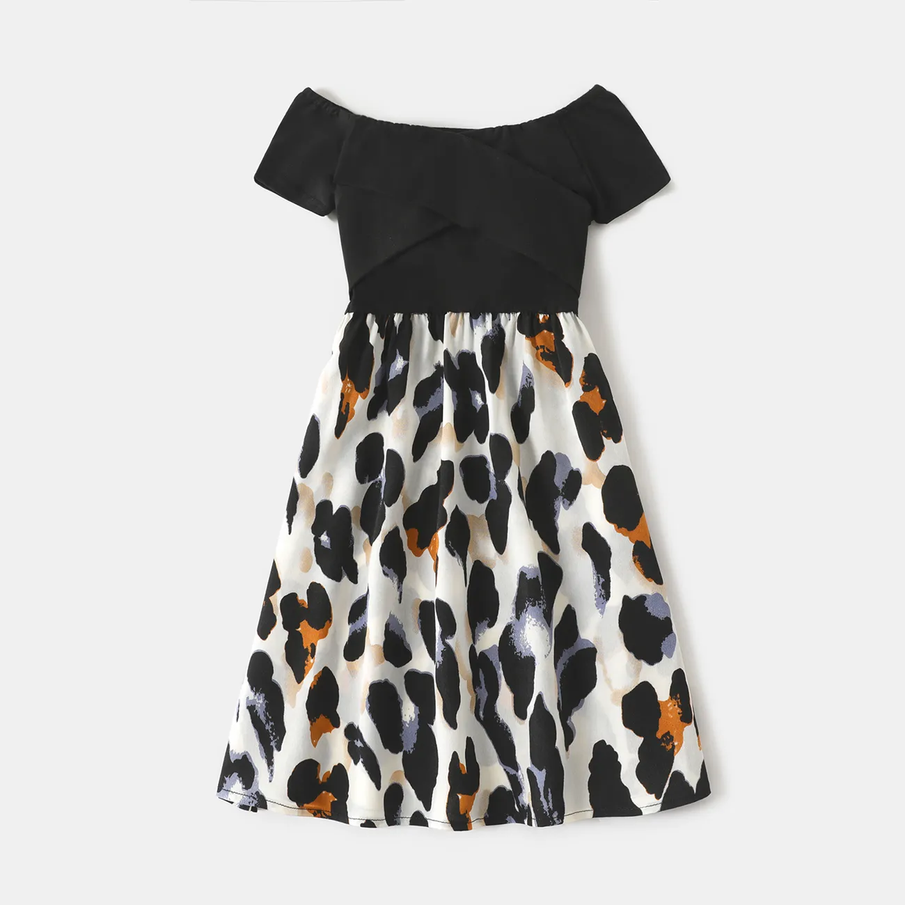 Family Matching Black Splice Leopard Off Shoulder Crisscross Front Short-sleeve Dresses and T-shirts Sets Black big image 1