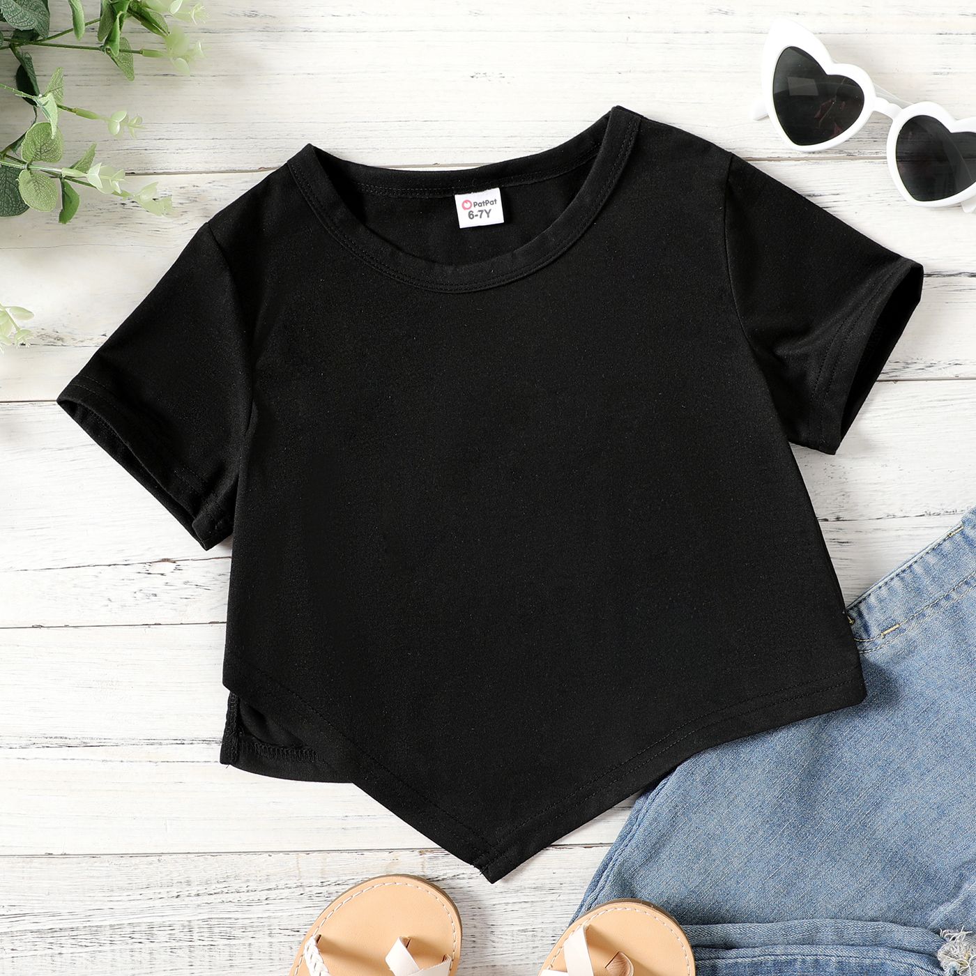 

Kid Girl Solid Color Irregular Hem Short-sleeve Tee