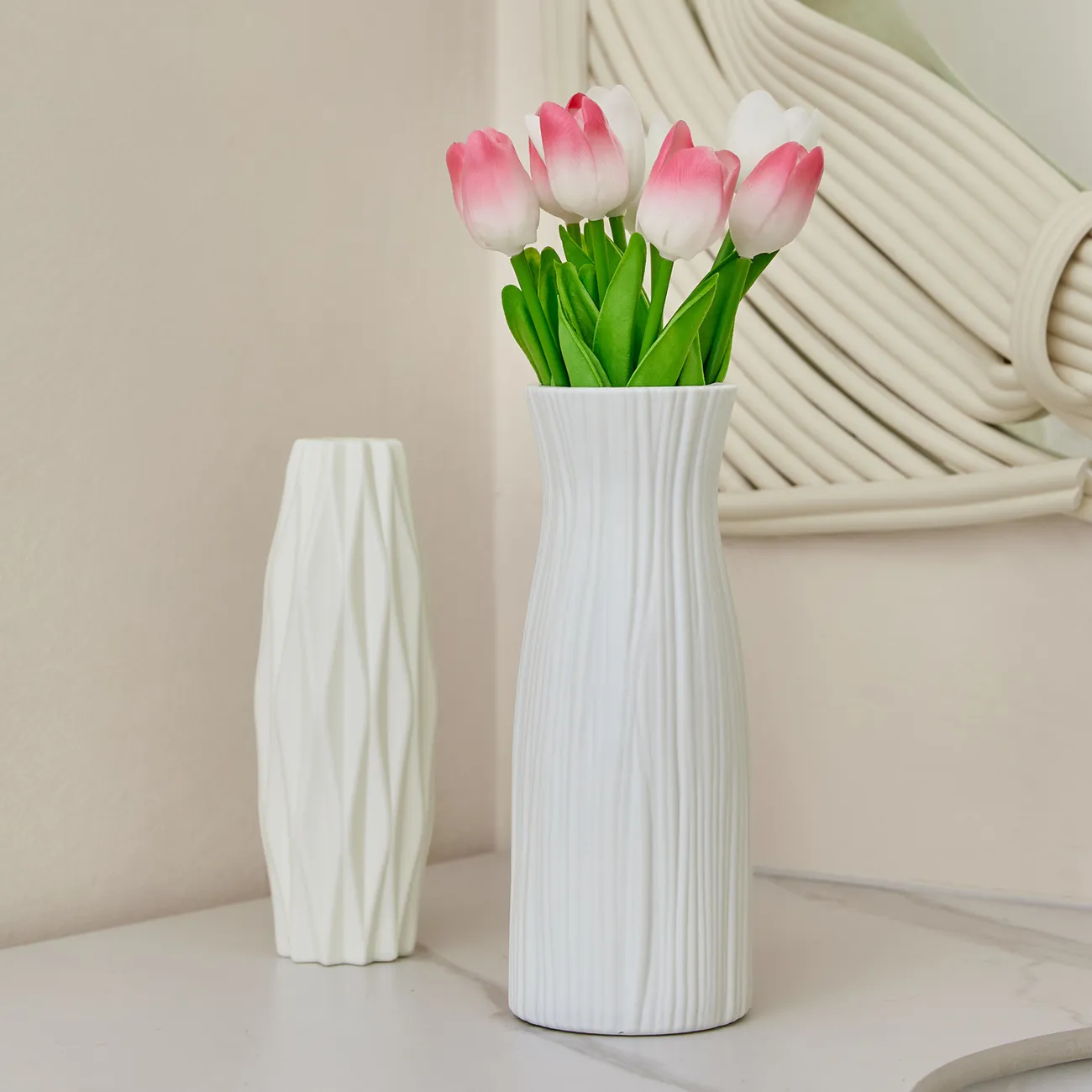 Paquete de 2/paquete de 5 tulipanes flores artificiales pu toque real tulipanes falsos flores para mesa oficina boda comedor decoración del hogar Rosado big image 1