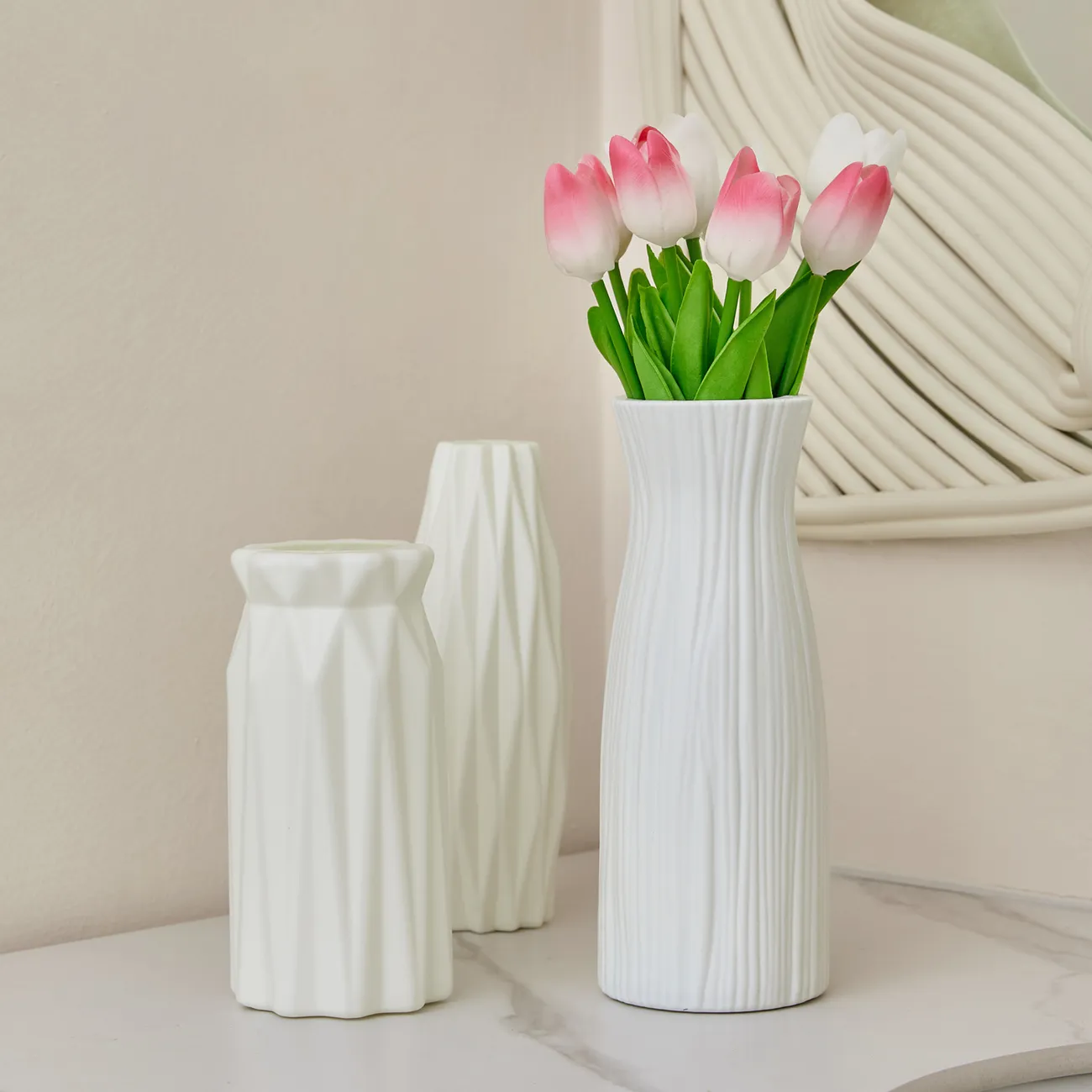 Paquete de 2/paquete de 5 tulipanes flores artificiales pu toque real tulipanes falsos flores para mesa oficina boda comedor decoración del hogar Rosado big image 1