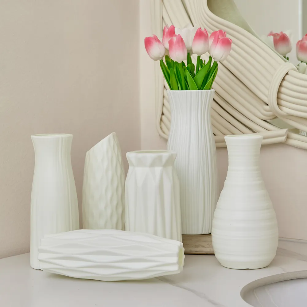 Ceramic Look White Plastic Flower Vase Geometric Style Unbreakable Decor Vase for Flower Home Office Table Decor big image 10