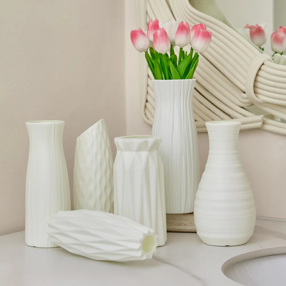 Ceramic Look White Plastic Flower Vase Geometric Style Unbreakable Decor Vase for Flower Home Office Table Decor big image 13