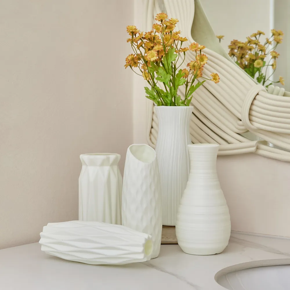 Ceramic Look White Plastic Flower Vase Geometric Style Unbreakable Decor Vase for Flower Home Office Table Decor big image 9