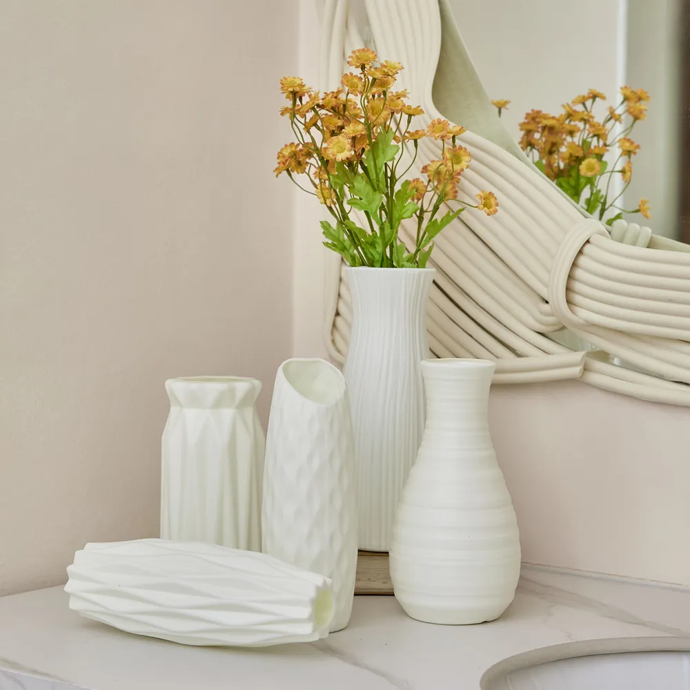 Ceramic Look White Plastic Flower Vase Geometric Style Unbreakable Decor Vase for Flower Home Office Table Decor big image 11