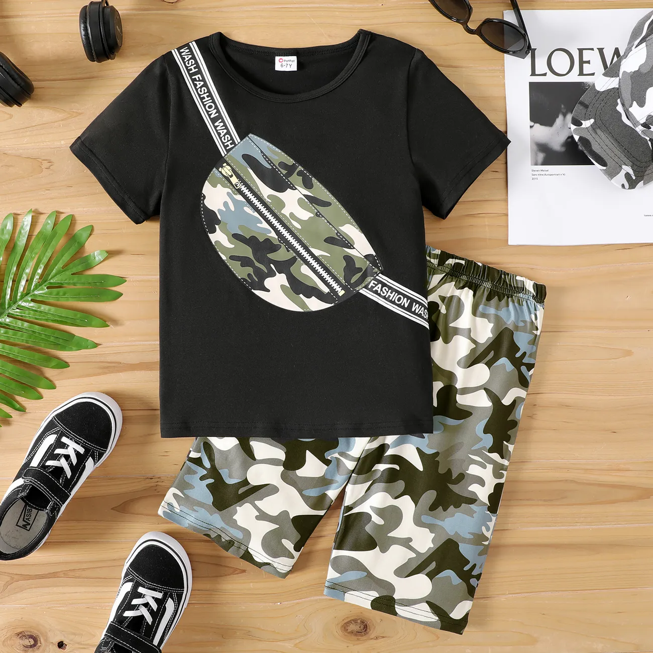 2pcs Kid Boy Camouflage Bag Print Short-sleeve Tee and Shorts Set Black big image 1