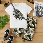 2pcs Kid Boy Camouflage Bag Print Short-sleeve Tee and Shorts Set White