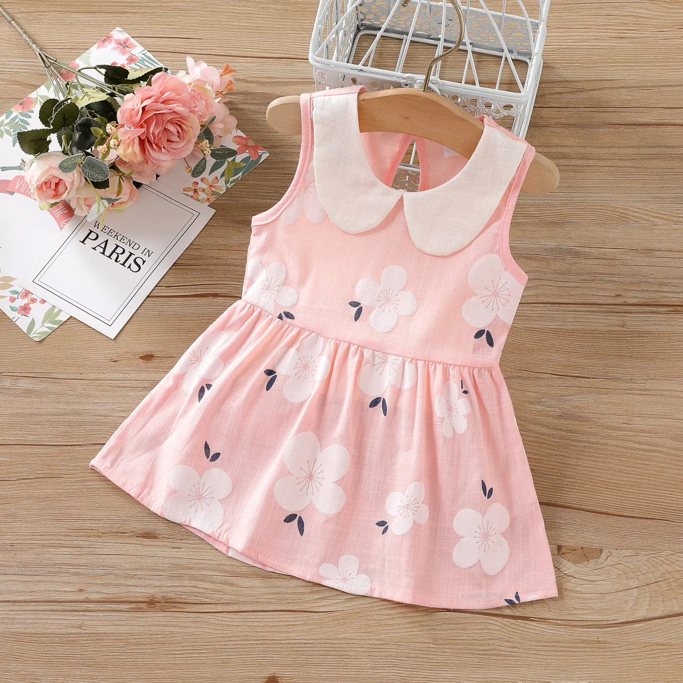 100% Cotton Baby Girl Peter Pan Collar Floral Print Tank Dress