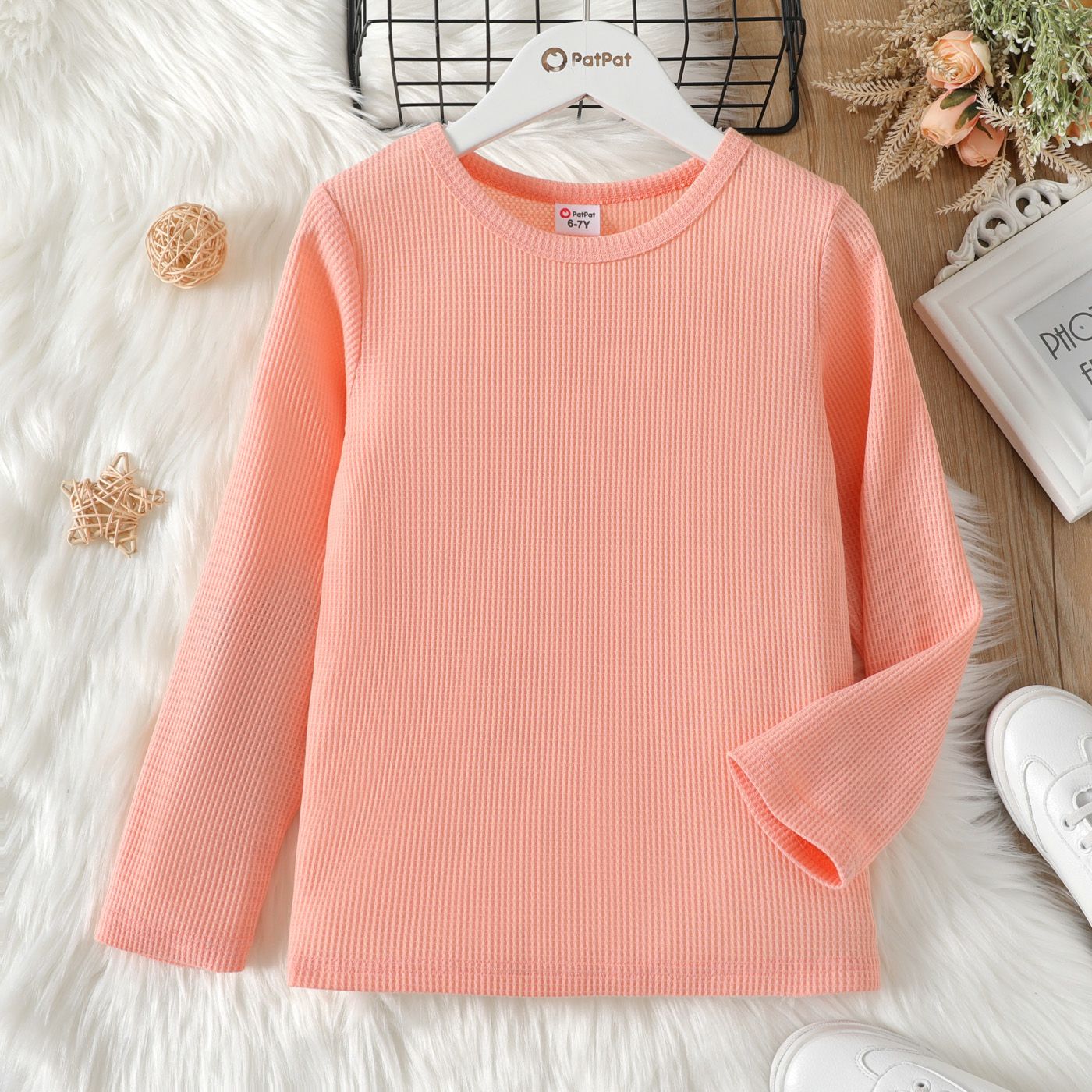 

Kid Girl Basic Solid Color Waffle Long-sleeve Tee