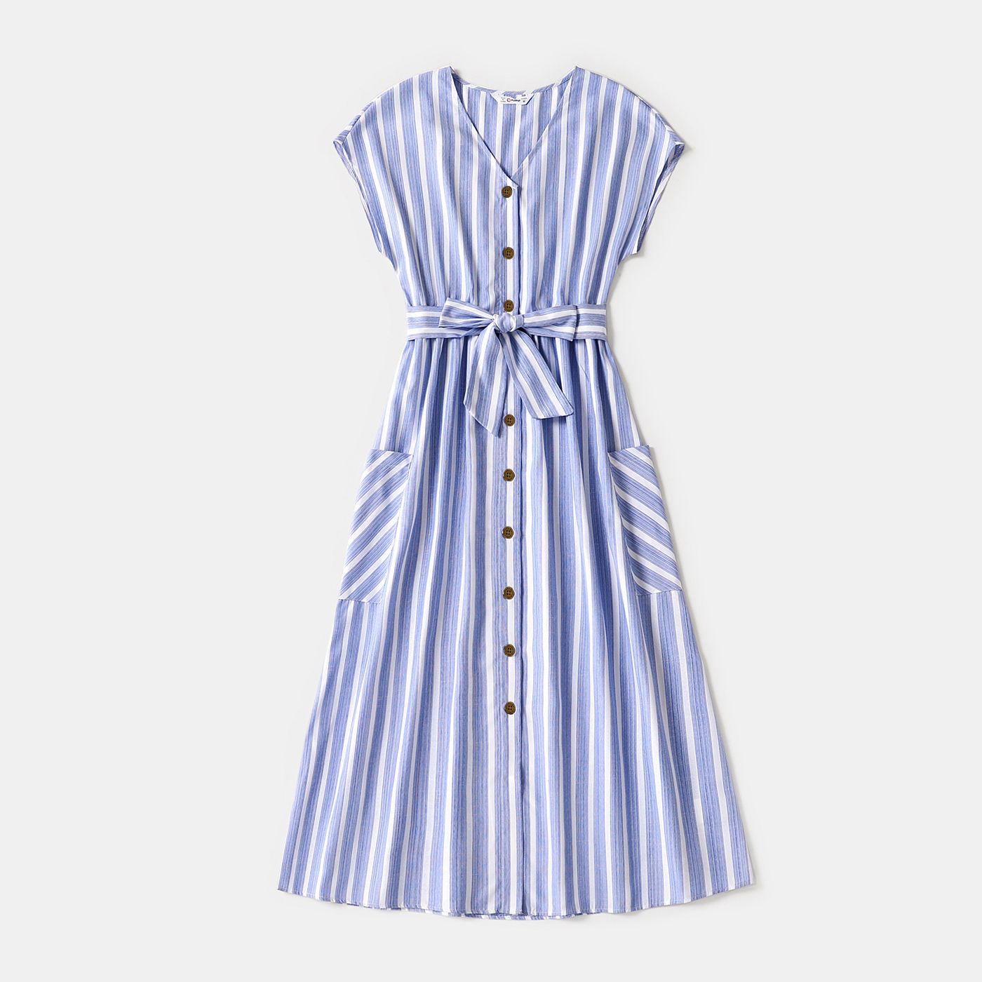 Family Matching Blue Striped V Neck Drop Shoulder Button Up Belted Dresses And Short-sleeve T-shirts Sets