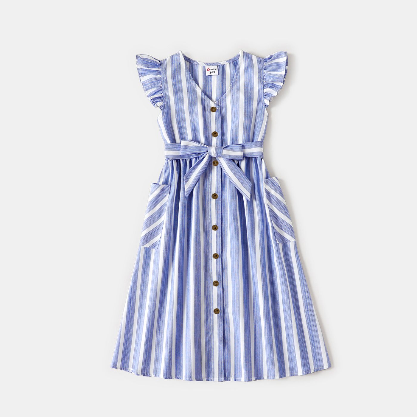 Family Matching Blue Striped V Neck Drop Shoulder Button Up Belted Dresses and Short-sleeve T-shirts