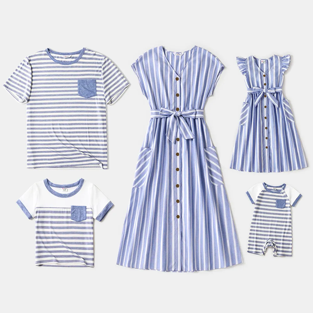 Family Matching Colorful Stripe Dresses and Short-sleeve T-shirts Sets  big image 1