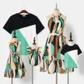 Family Matching Allover Geo Print Halter Neck Belted Dresses and Colorblock Short-sleeve T-shirts Sets  image 2