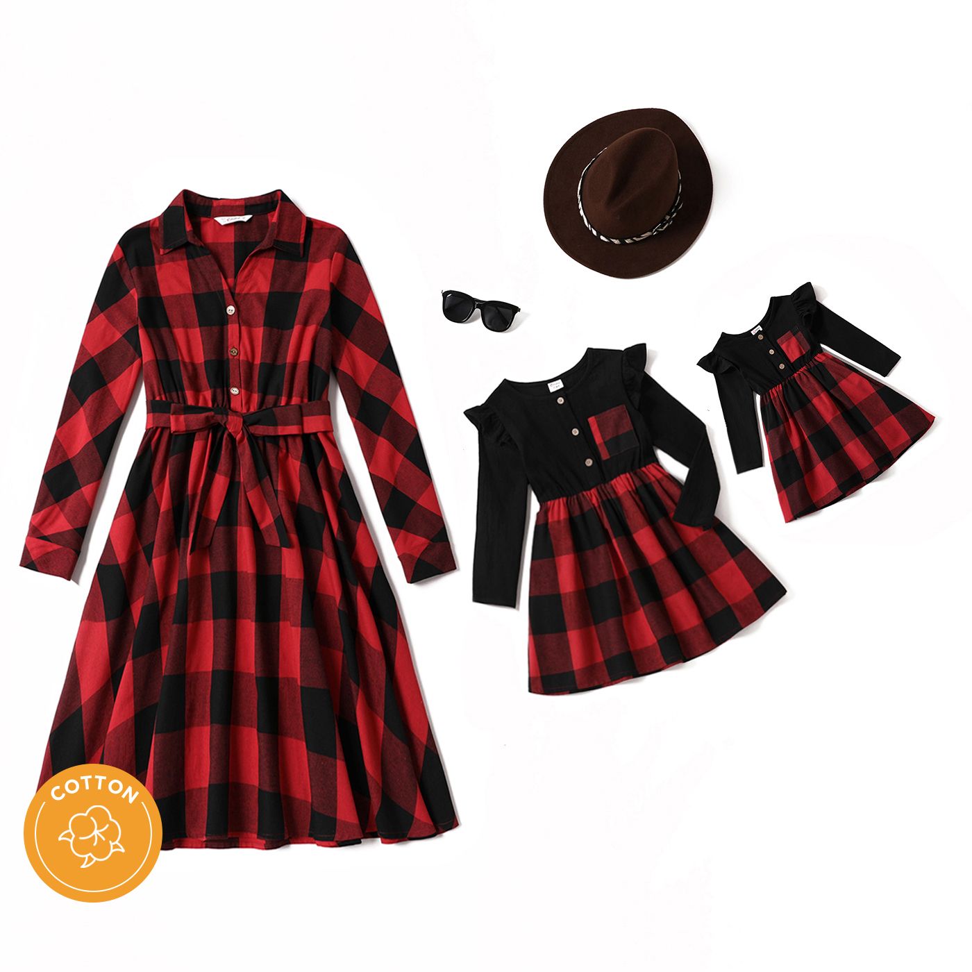 

Red Plaid Lapel Long-sleeve Dress for Mom and Me