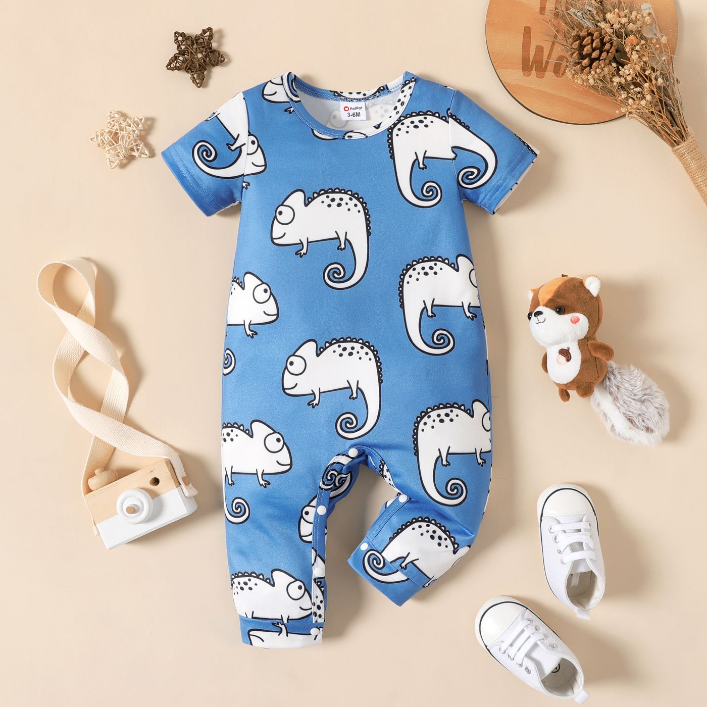 Baby Boy Allover Cartoon Animal Print Short-sleeve Jumpsuit