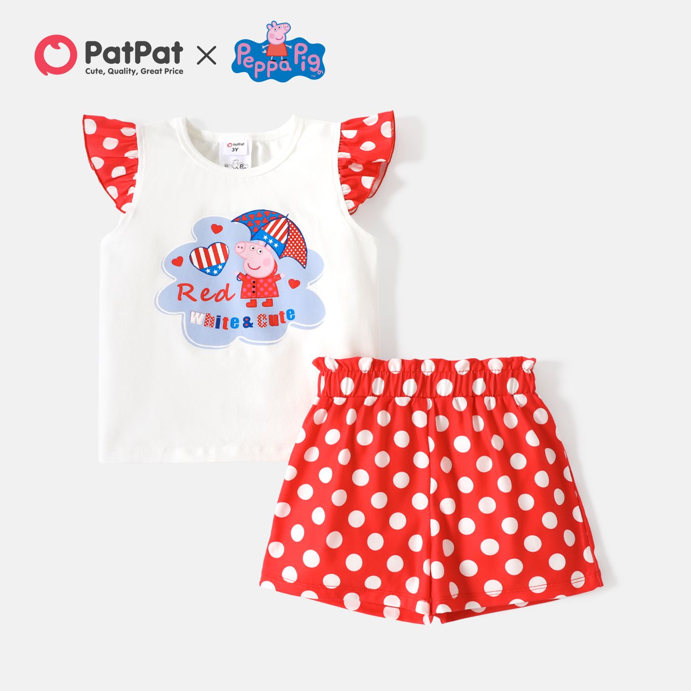 Peppa Pig 2pcs Toddler Girl Polka Dots Tee & Shorts Set/ Rainbow Print Bowknot Design Flutter-sleeve Dress