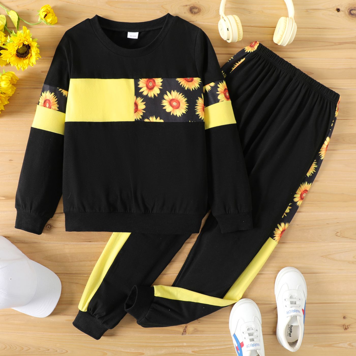 

2pcs Kid Girl Floral Sunflower Print Colorblock Pullover Sweatshirt and Elasticized Pants Set