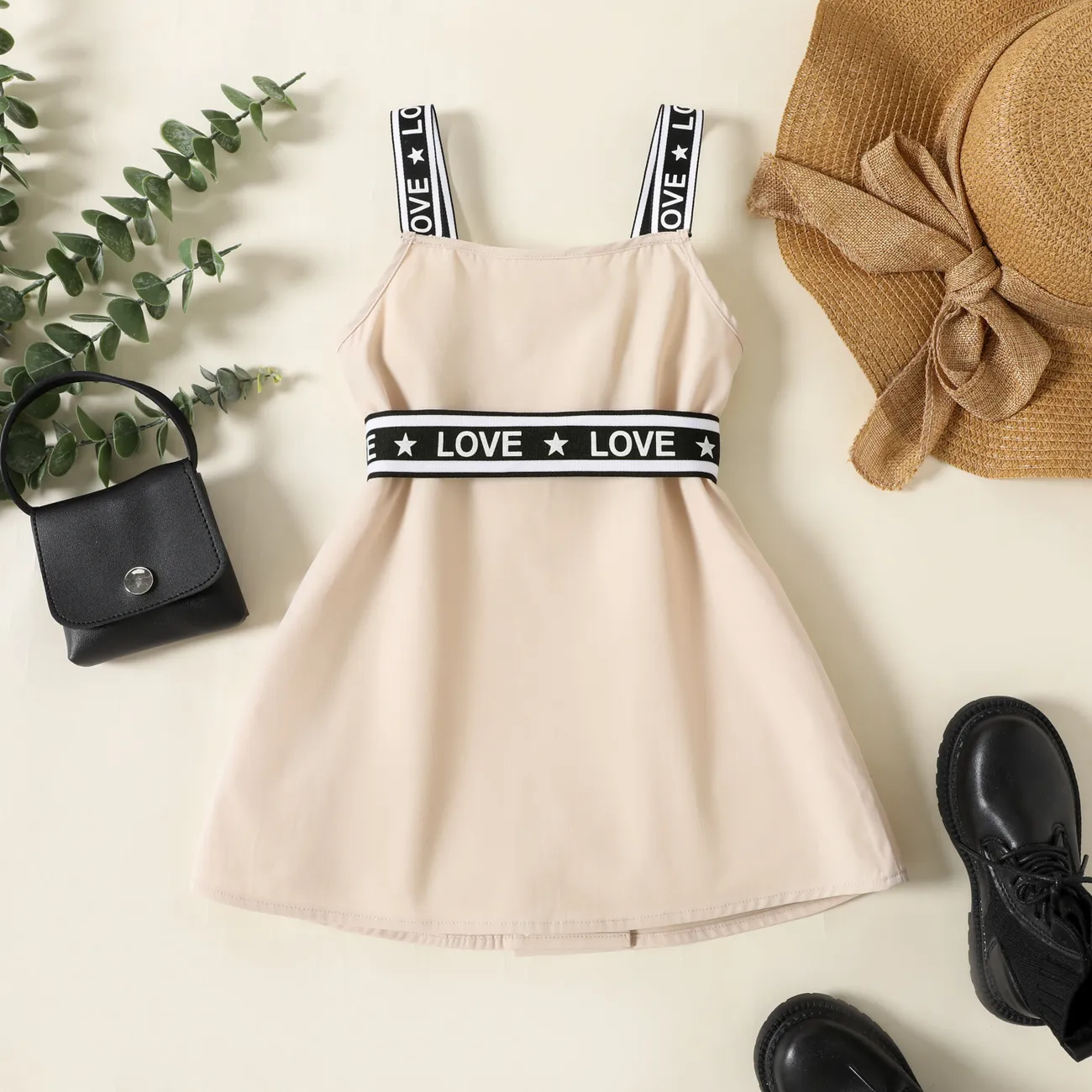 Toddler Girl Double Breasted Belted Letter Design Strap Dress Apricot big image 1