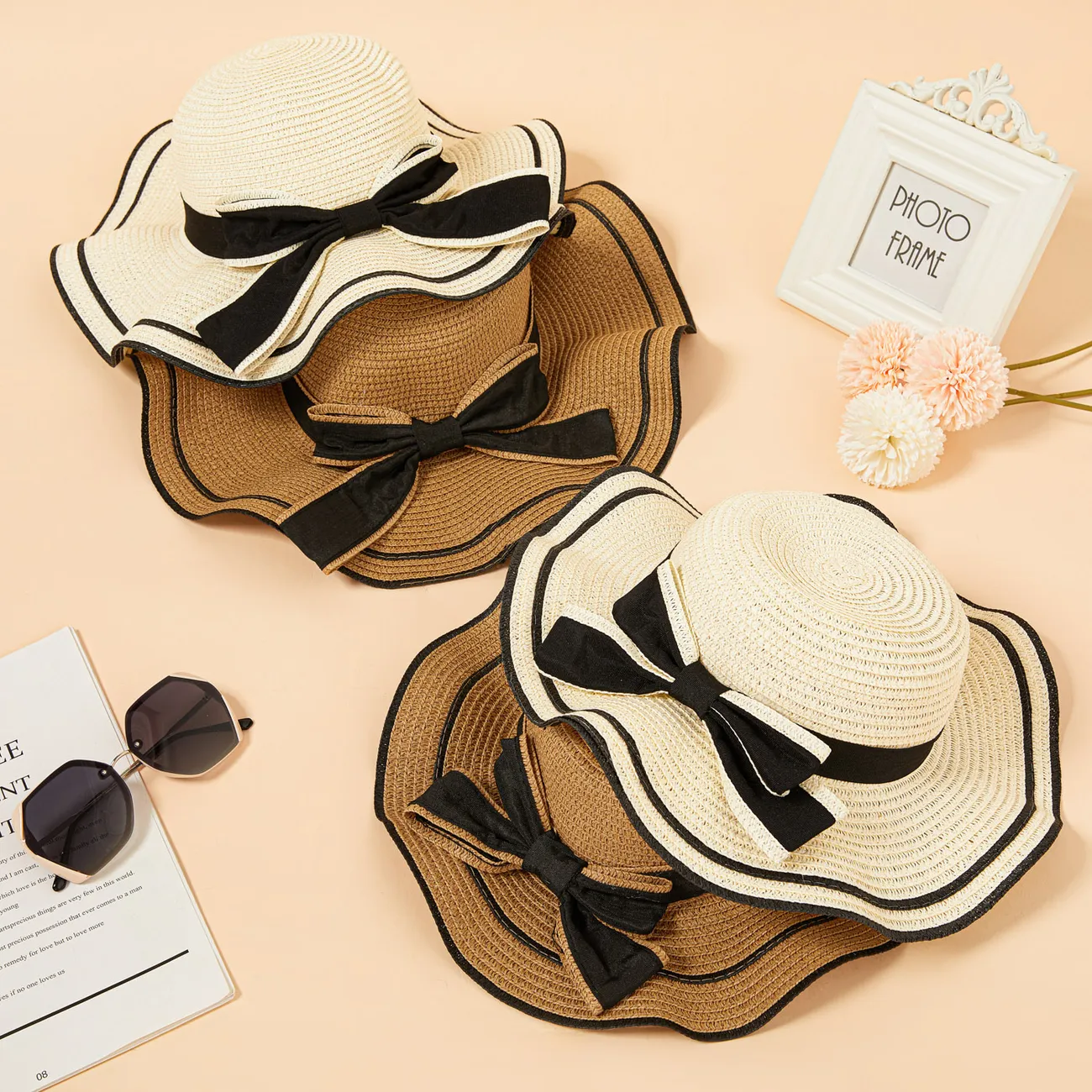 Big Bow Decor Wavy Edge Two Tone Straw Hat for Mom and Me White big image 1