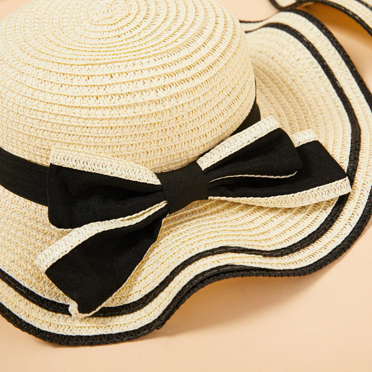 Big Bow Decor Wavy Edge Two Tone Straw Hat for Mom and Me White big image 1