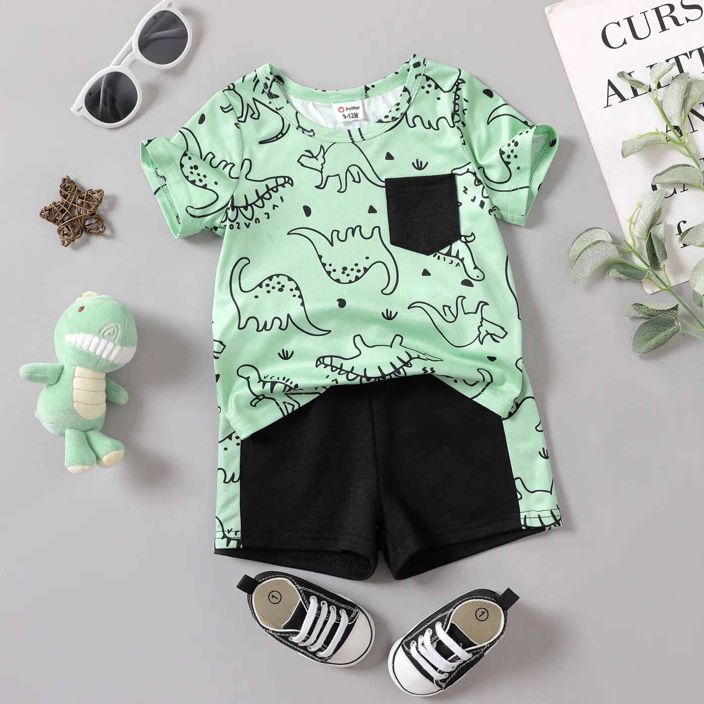 

2pcs Baby Boy Allover Dinosaur Print Short-sleeve T-shirt and Colorblock Shorts Set