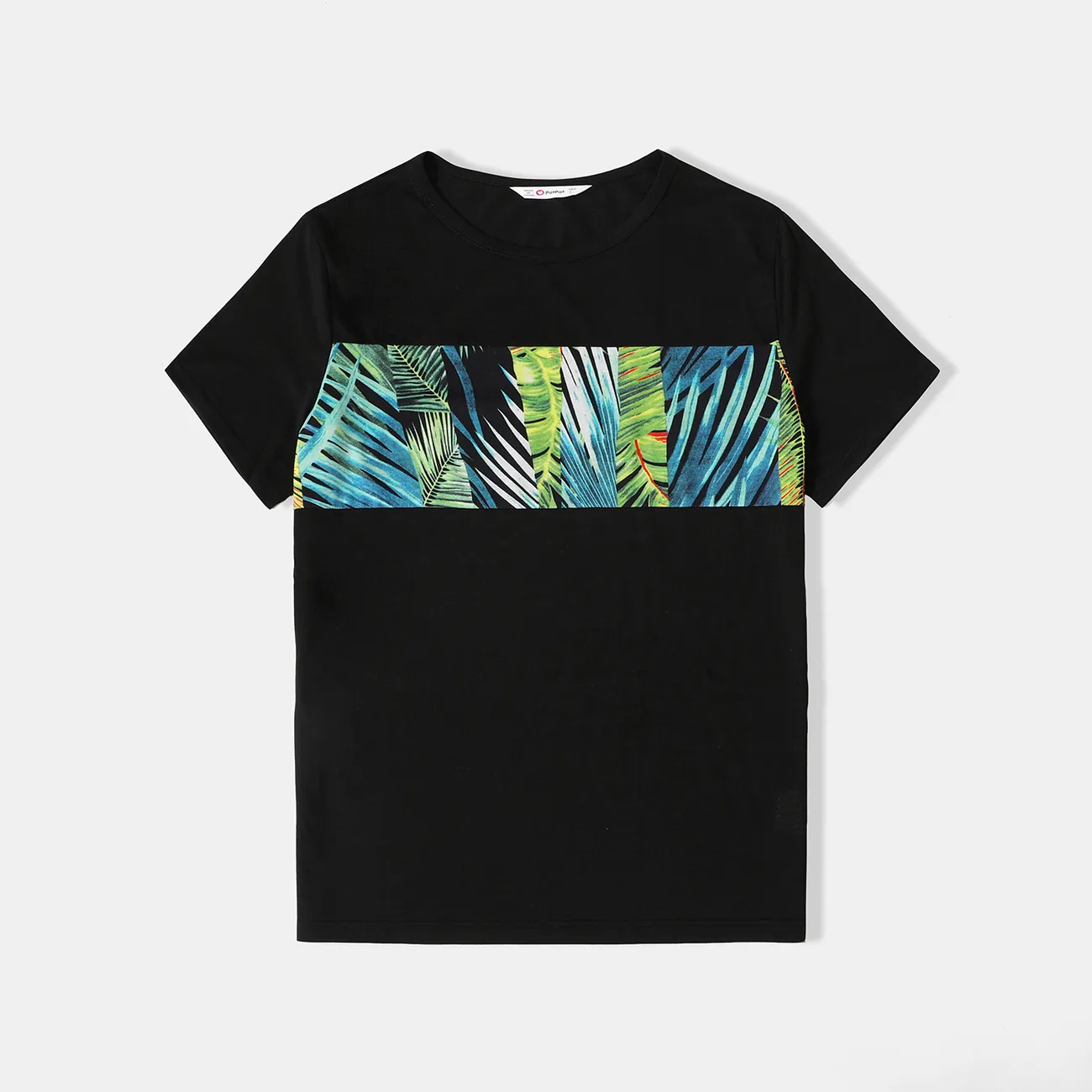 Family Matching Allover Tropical Plant Print Spliced Black Cami Dresses and Short-sleeve Tops Sets Turquoise big image 1