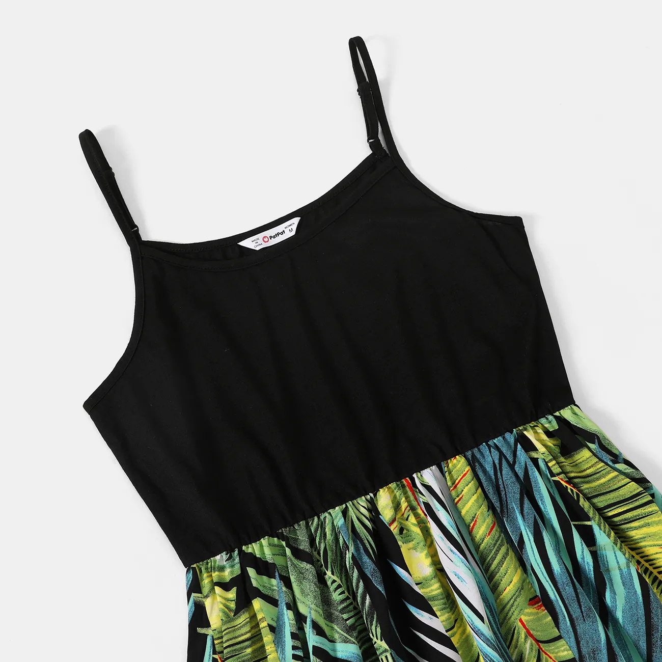 Family Matching Allover Tropical Plant Print Spliced Black Cami Dresses and Short-sleeve Tops Sets Turquoise big image 1