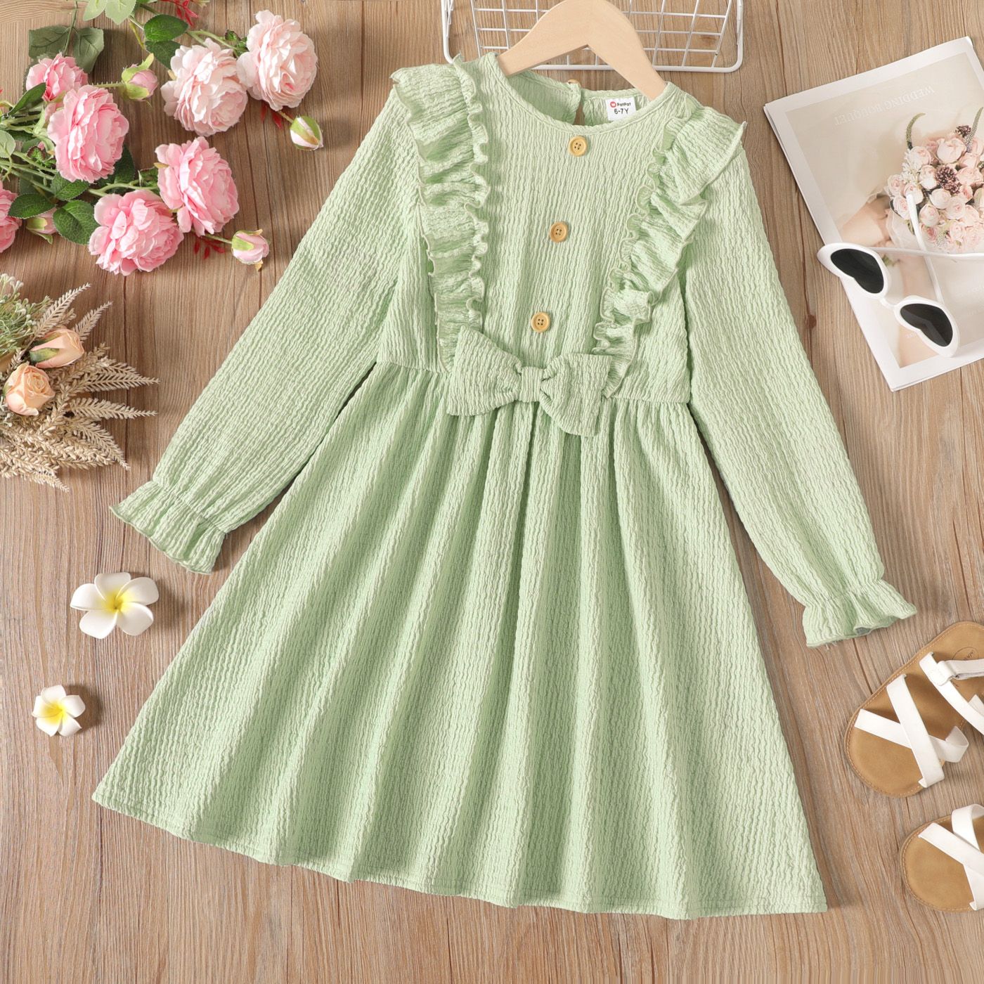 

Kid Girl Ruffled Bowknot Design Textured Solid Color Long-sleeve Dress