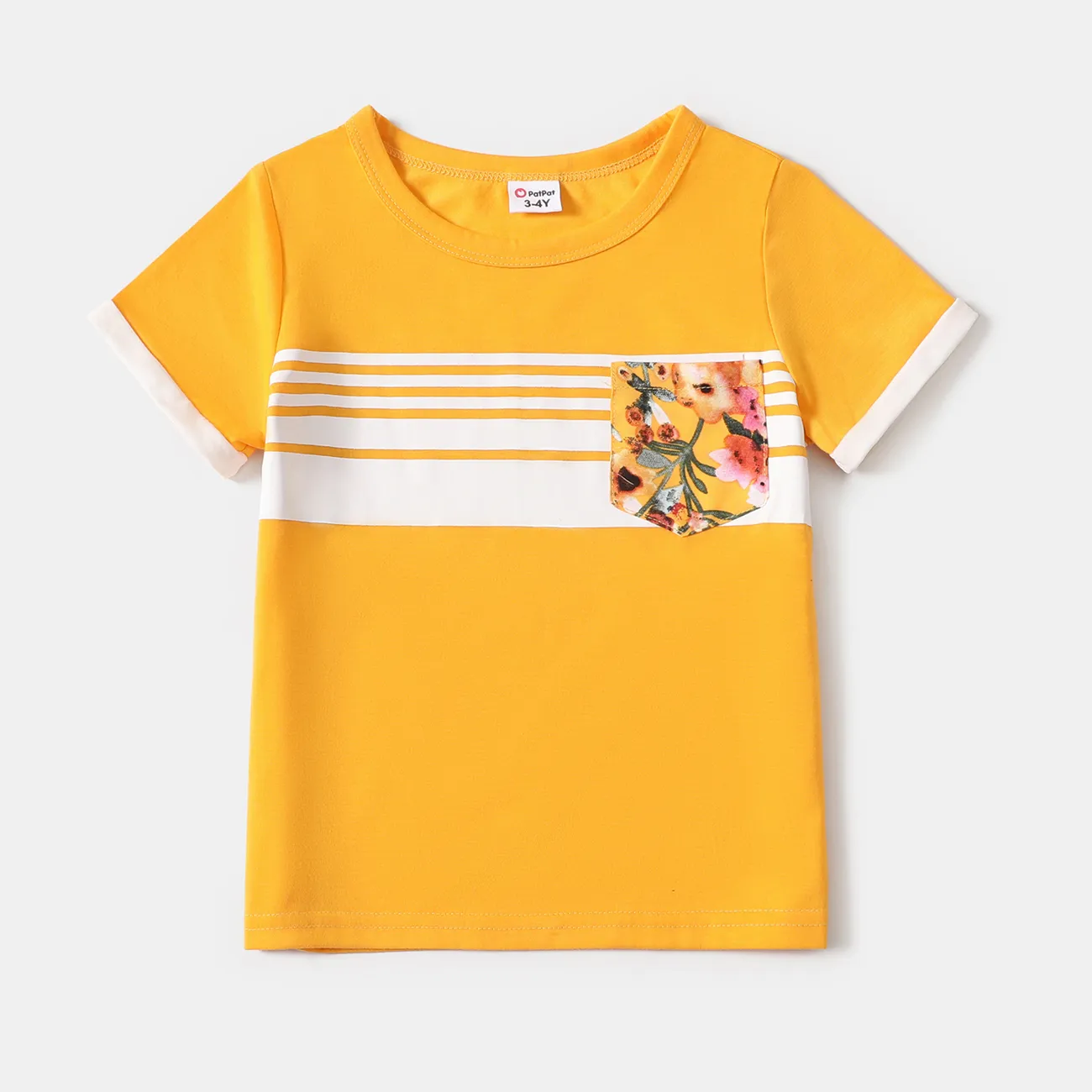 Family Matching Floral Print Ruffle-sleeve Belted Midi Dresses and Striped Short-sleeve T-shirts Sets Yellow big image 1