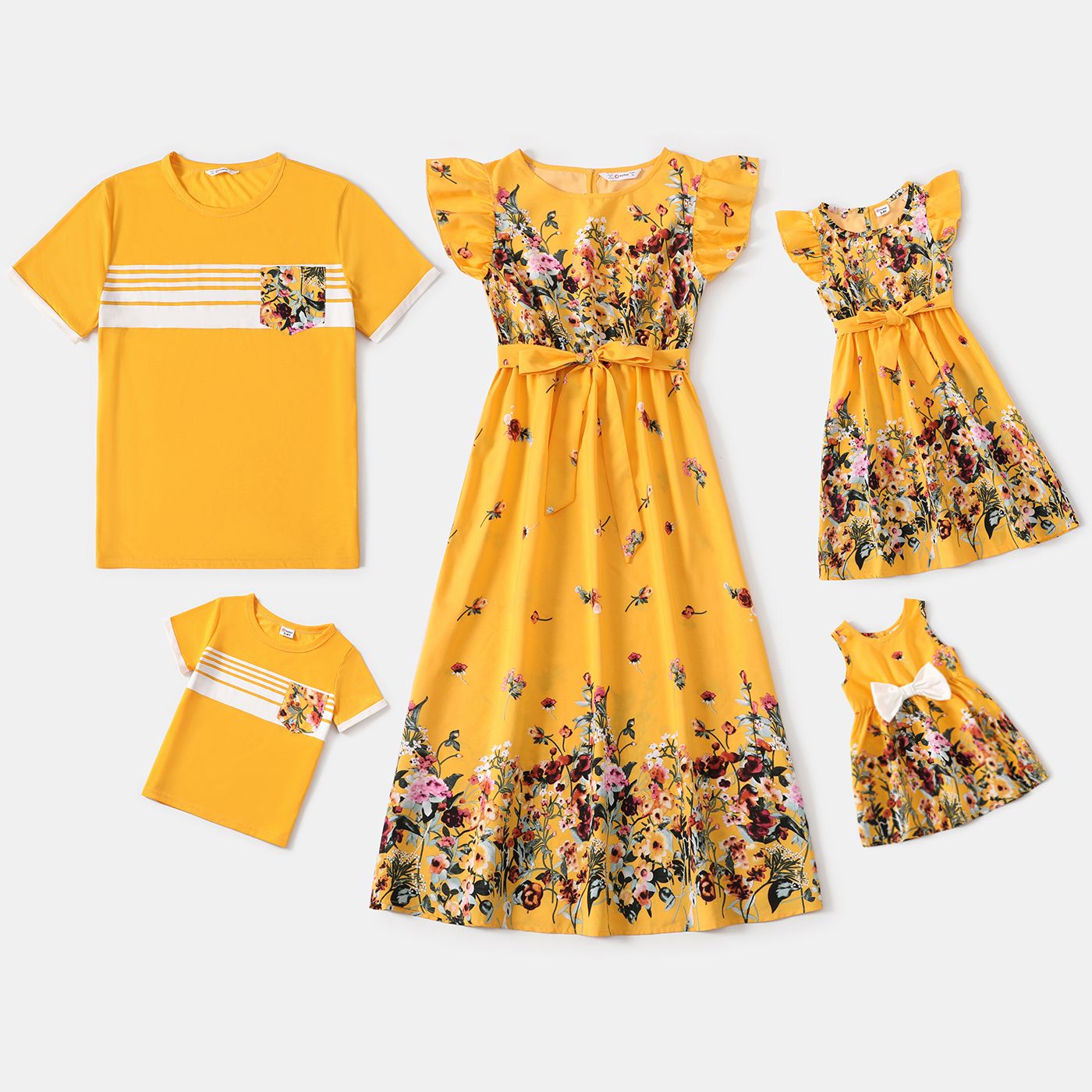Family Matching Floral Print Ruffle-sleeve Belted Midi Dresses And Striped Short-sleeve T-shirts Sets