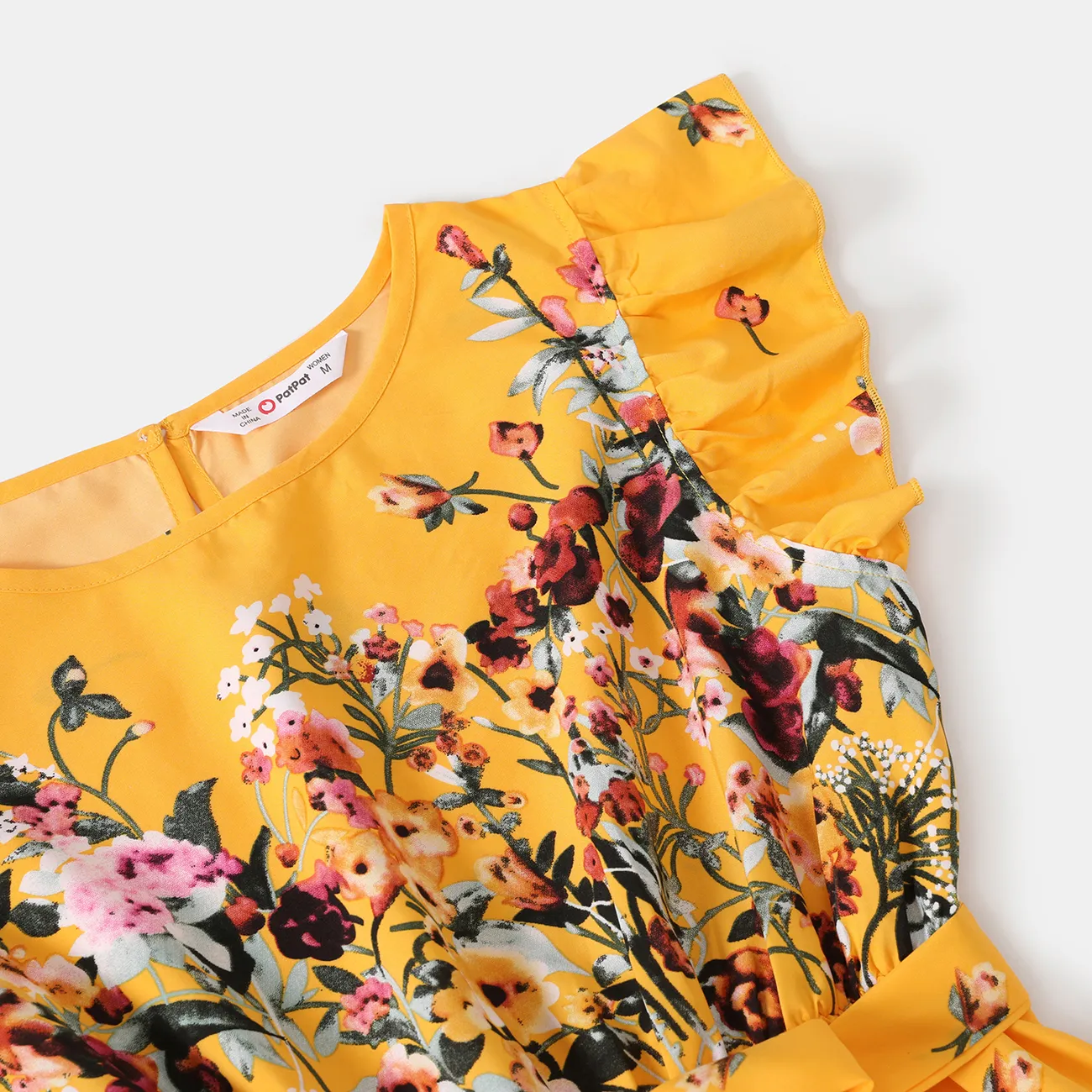 Family Matching Floral Print Ruffle-sleeve Belted Midi Dresses and Striped Short-sleeve T-shirts Sets Yellow big image 1