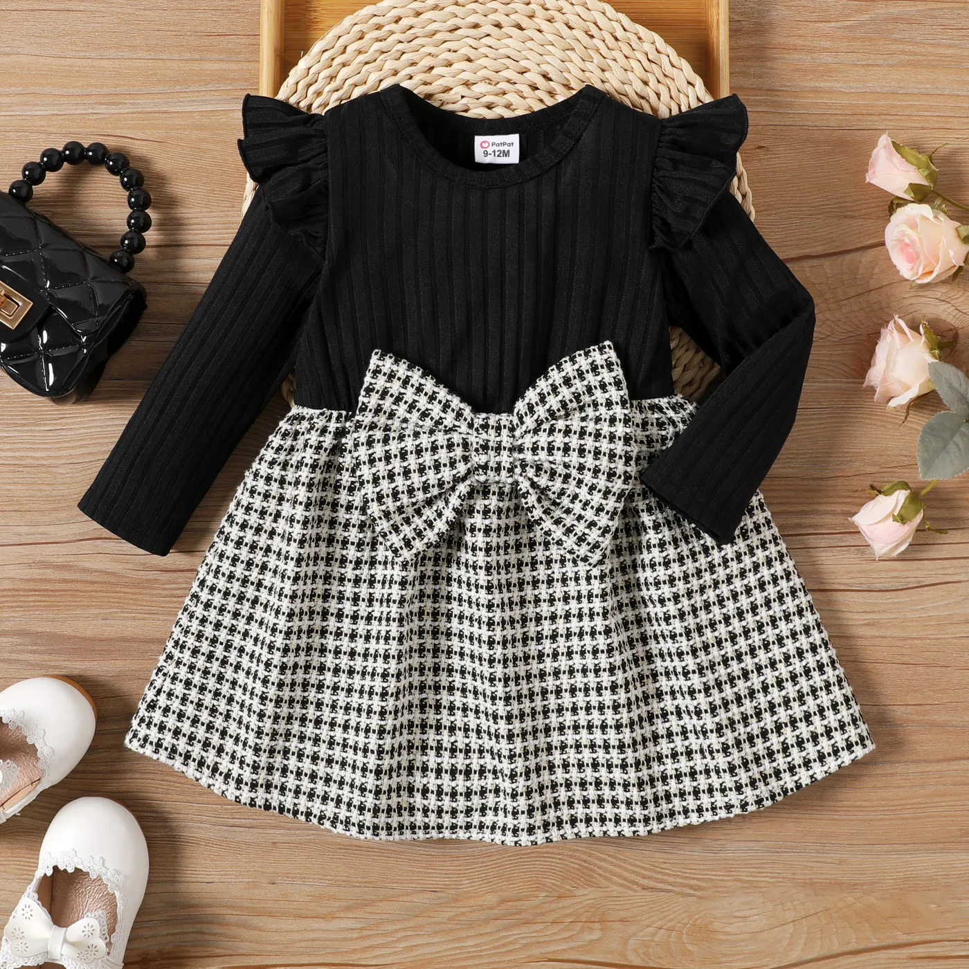 Baby Girl Ruffle Long-sleeve Rib Knit Spliced Tweed Bow Front Dress  big image 1
