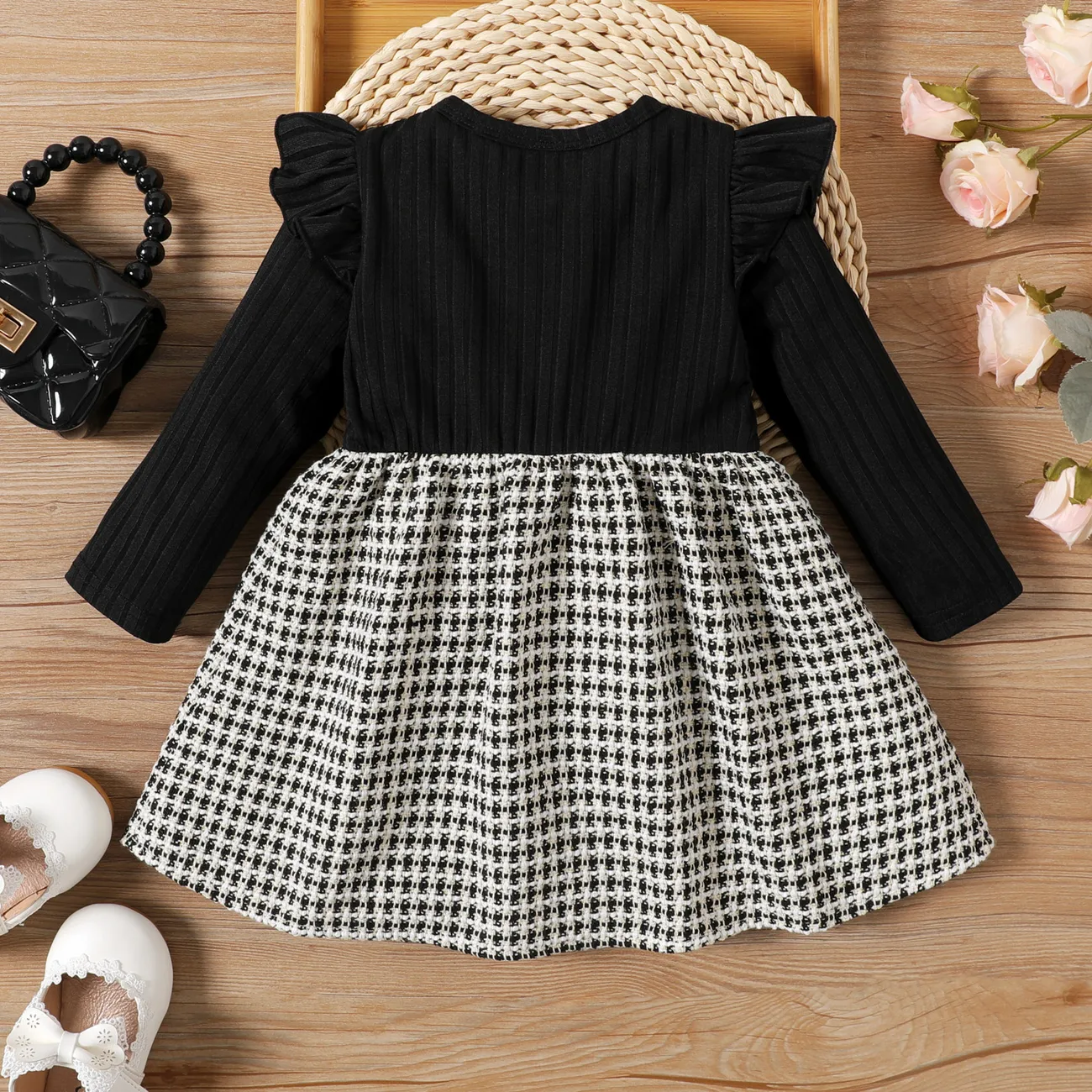 Baby Girl Ruffle Long-sleeve Rib Knit Spliced Tweed Bow Front Dress BlackandWhite big image 1