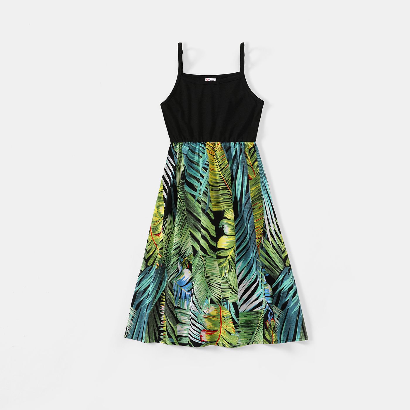 Family Matching Allover Tropical Plant Print Spliced Black Cami Dresses And Short-sleeve Tops Sets