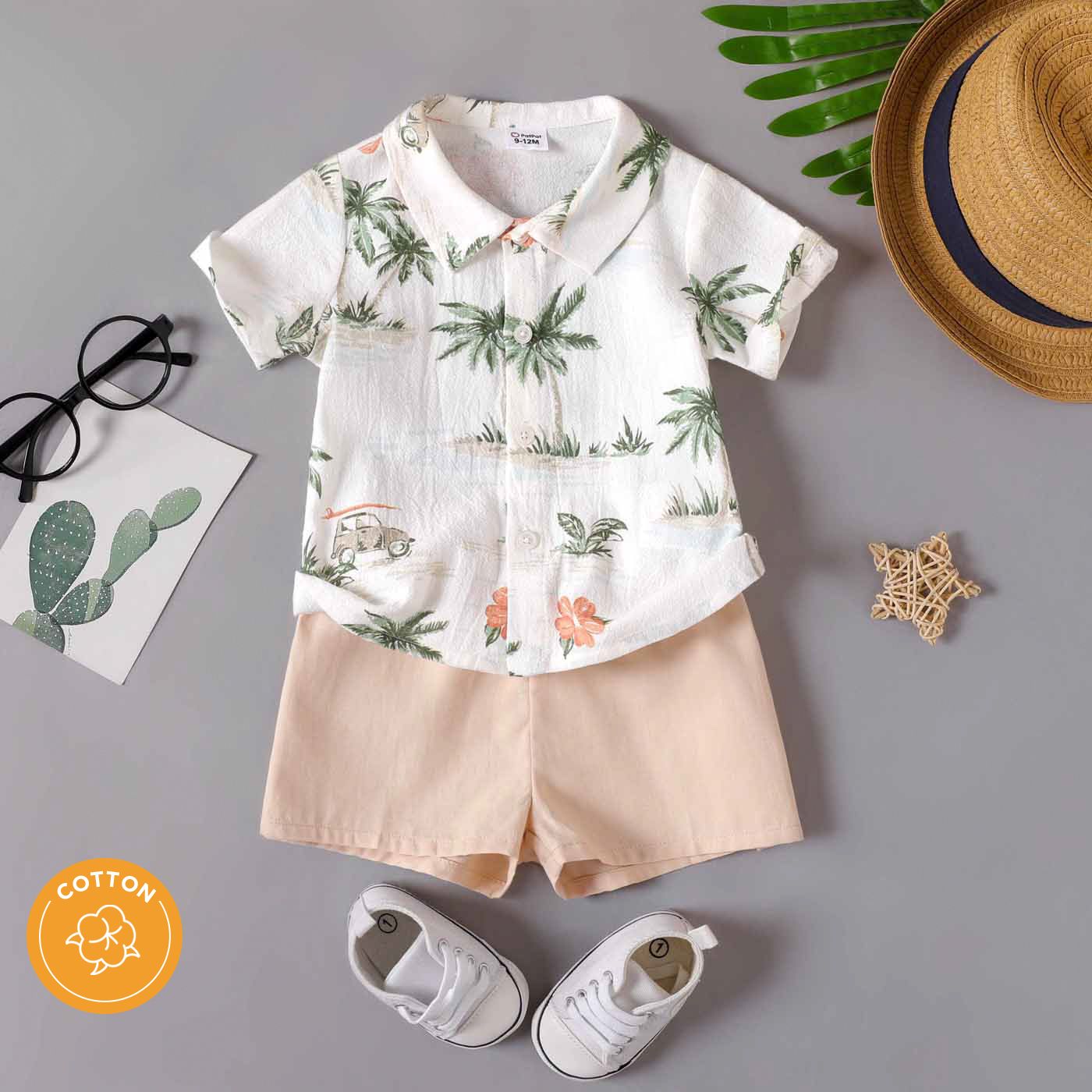 

100% Cotton 2pcs Baby Boy Allover Coconut Tree Print Short-sleeve Button Up Shirt and Solid Shots Set