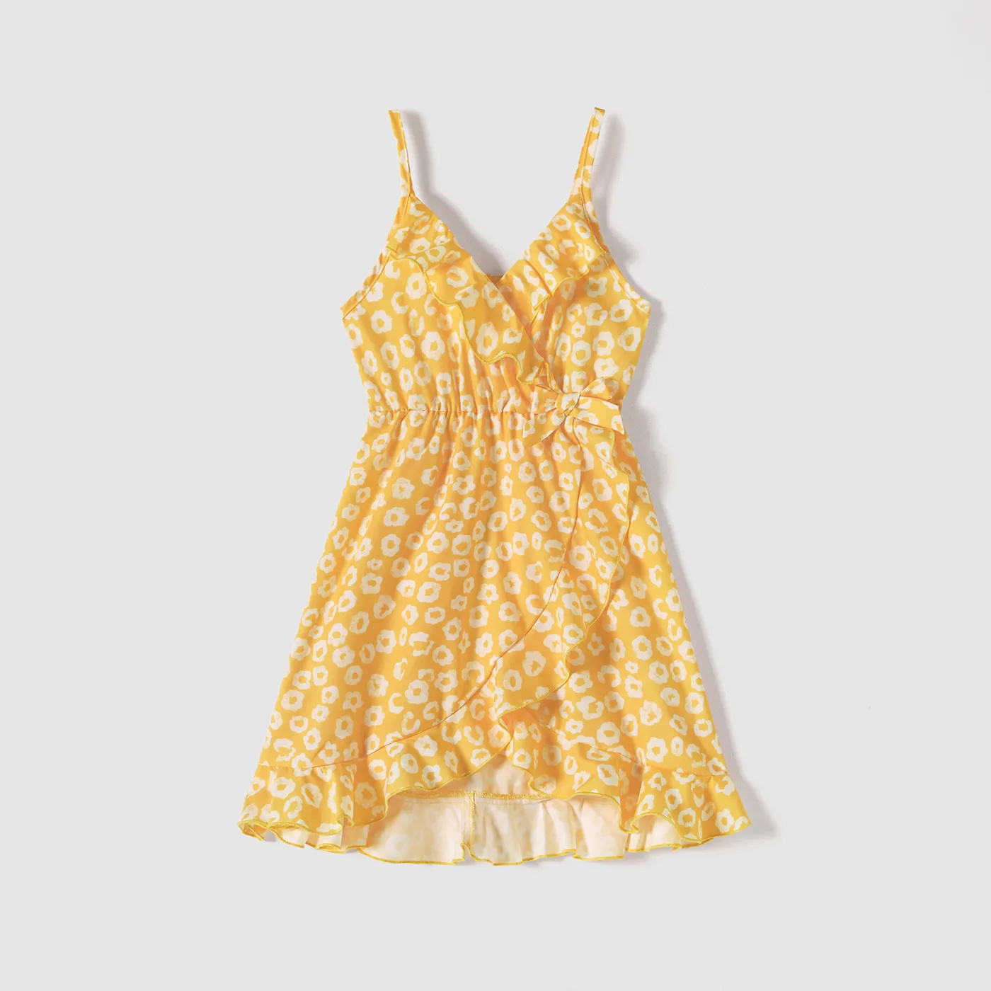 Family Matching Yellow Floral Print Surplice Neck Ruffle Trim Wrap Cami Dresses And Colorblock Short-sleeve T-shirts Sets