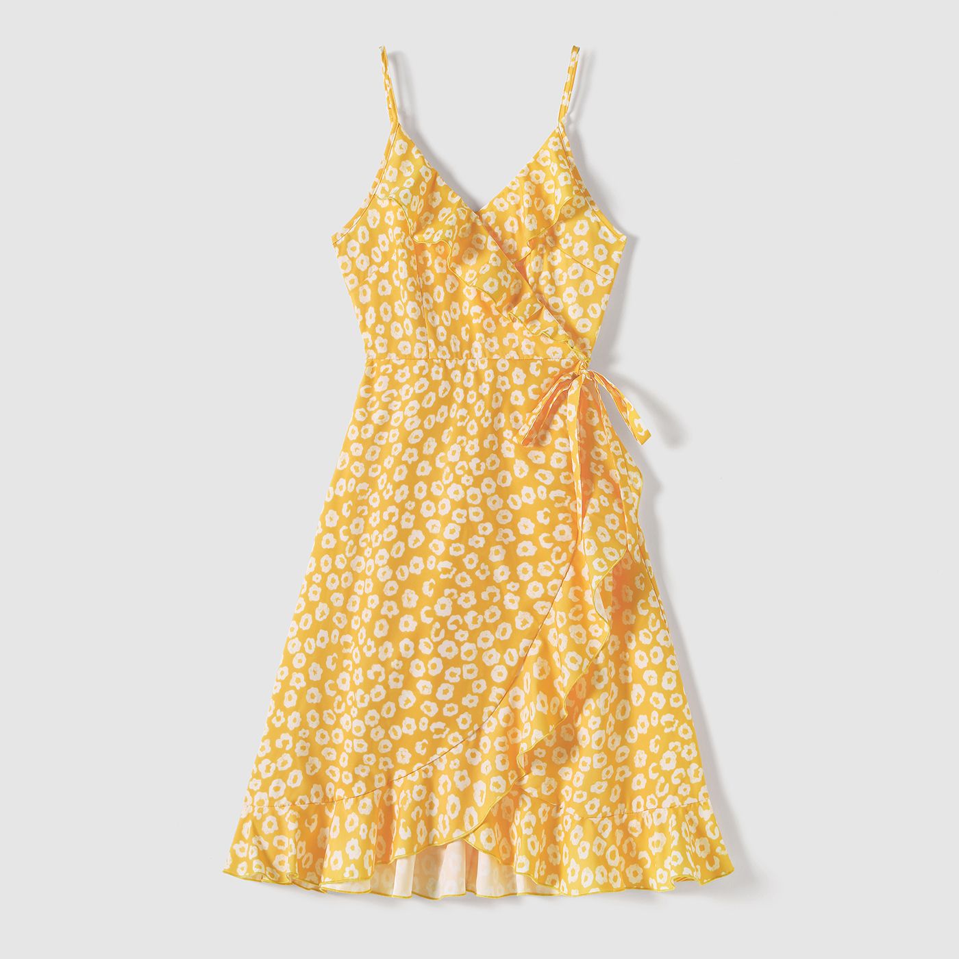 Family Matching Yellow Floral Print Surplice Neck Ruffle Trim Wrap Cami Dresses and Colorblock Short
