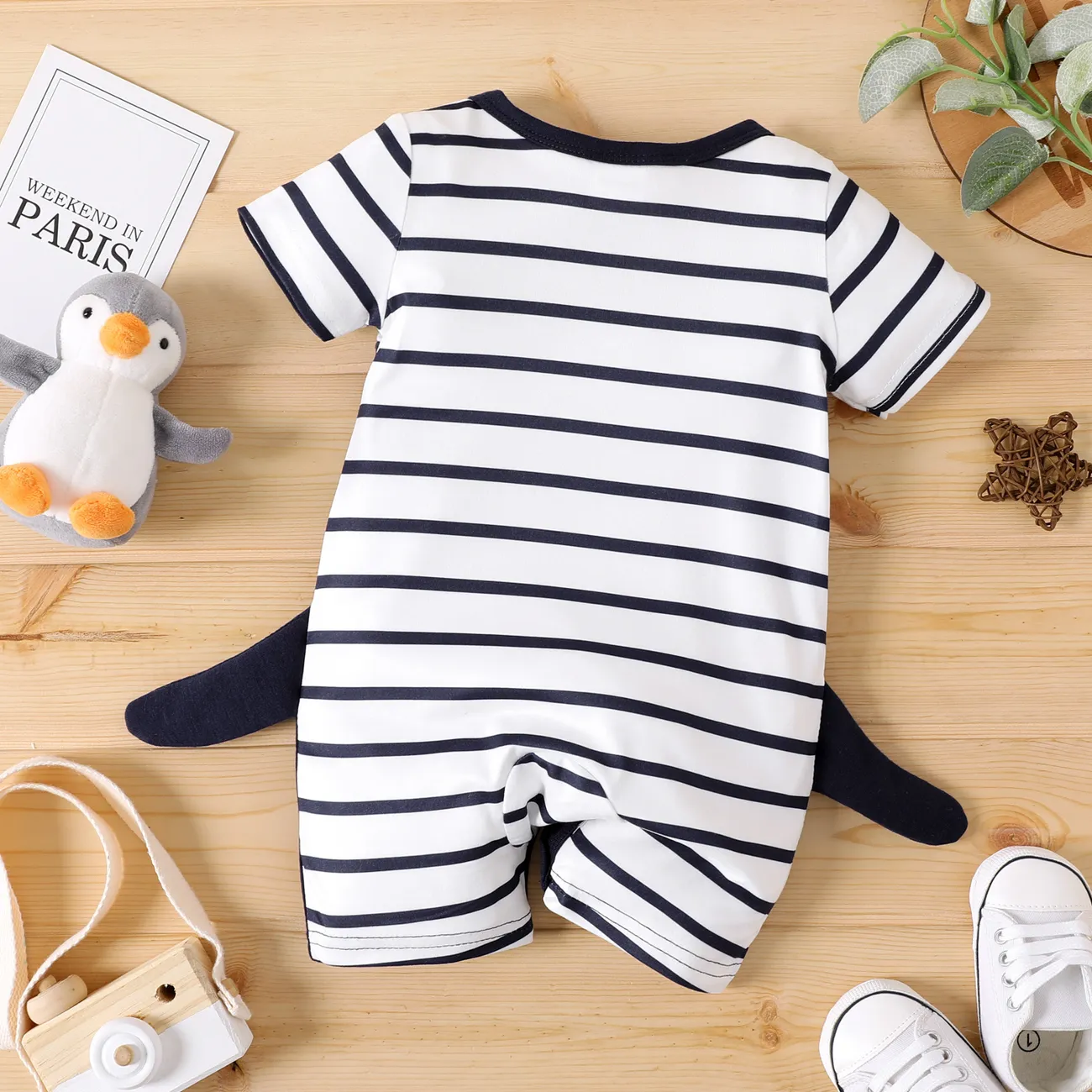 Baby Boy Animal Print Striped Short-sleeve Spliced Romper Navy big image 1
