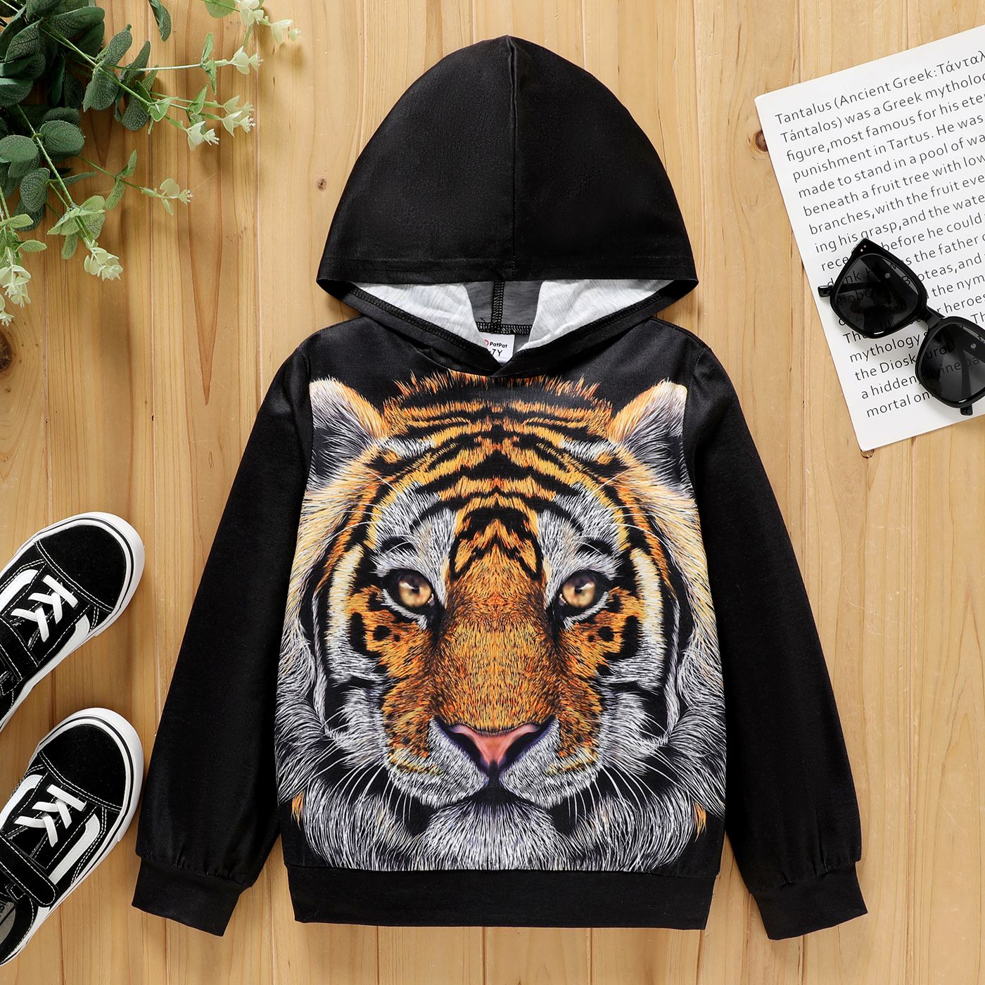

Kid Boy Animal Tiger Print Black Hooded Sweatshirt
