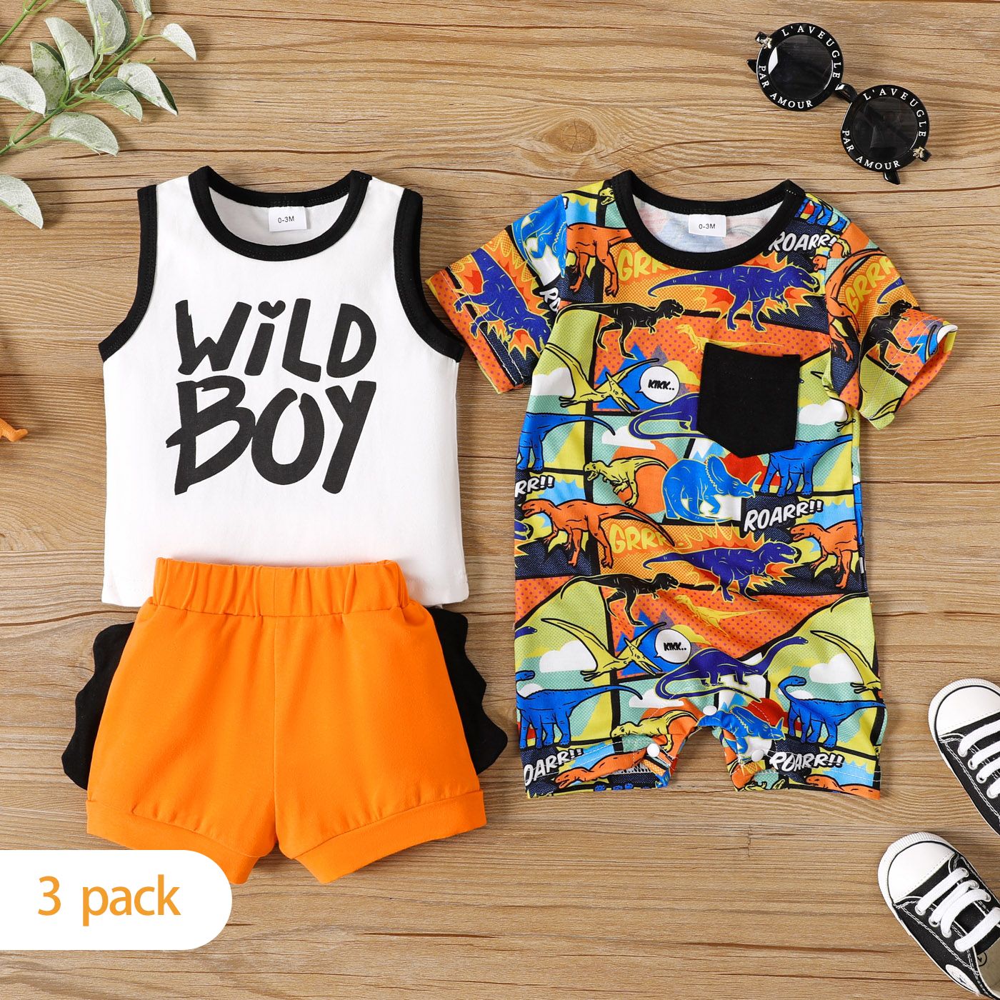 

3-Pack Baby Boy 95% Cotton Letter Print Tank Top and Solid Shorts with Allover Dinosaur Print Romper Set