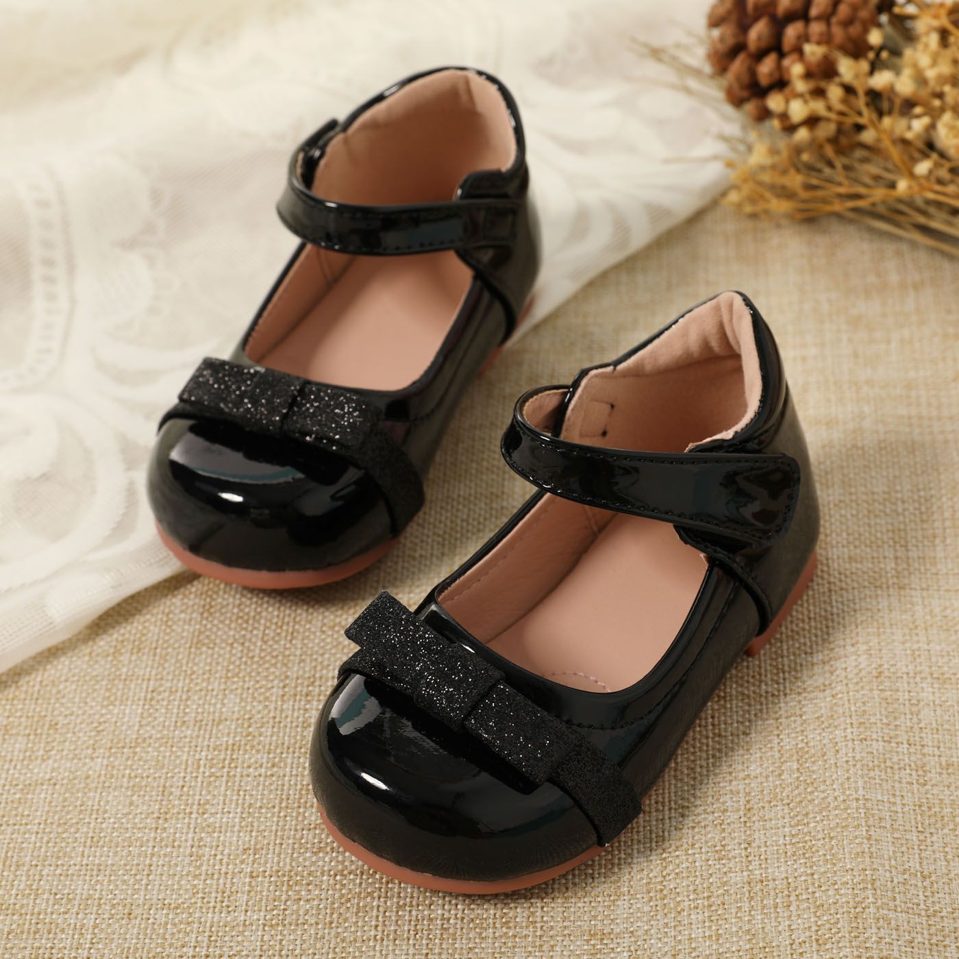 

Toddler / Kid Glitter Bow Decor Black Flats Mary Jane Shoes