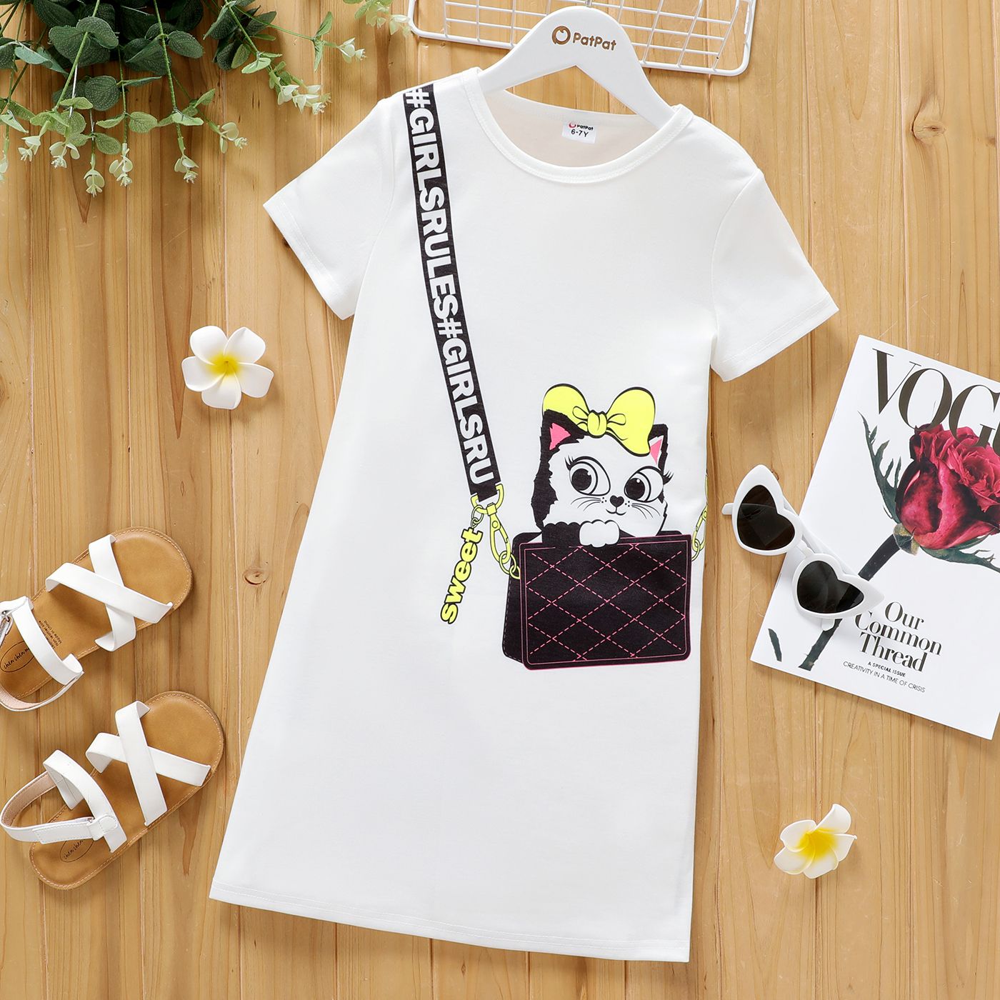 

Kid Girl Cute Cat Bag Print Short-sleeve White Tee Dress