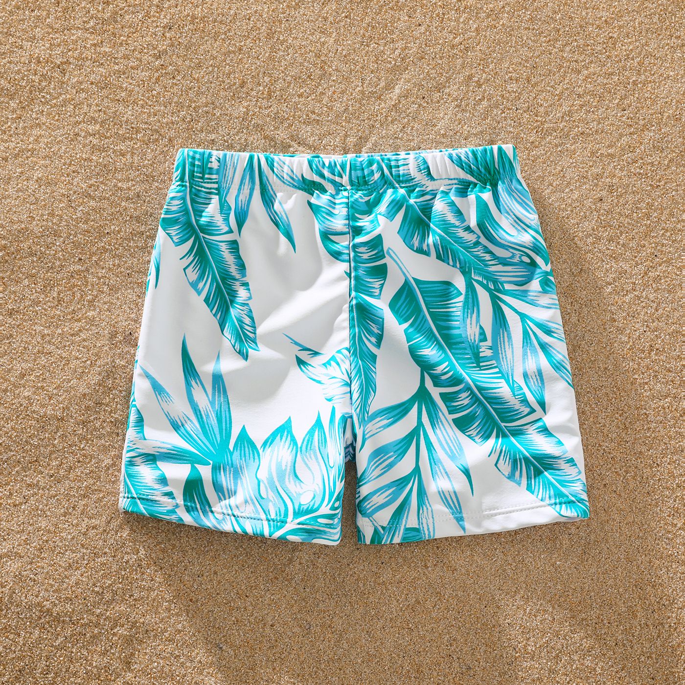 Family Matching Colorblock Textured Self-tie One-Piece Swimsuit And Allover Palm Leaf Print Swim Trunks Shorts