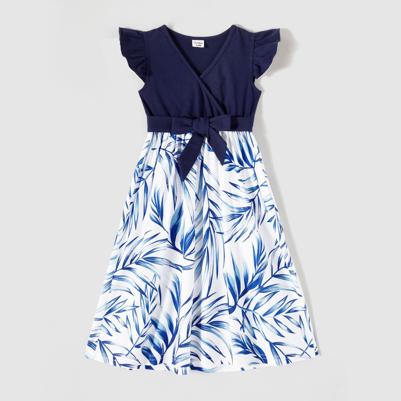 Family Matching Allover Palm Leaf Print & Solid Spliced Surplice Neck Flutter-sleeve Dresses and Col