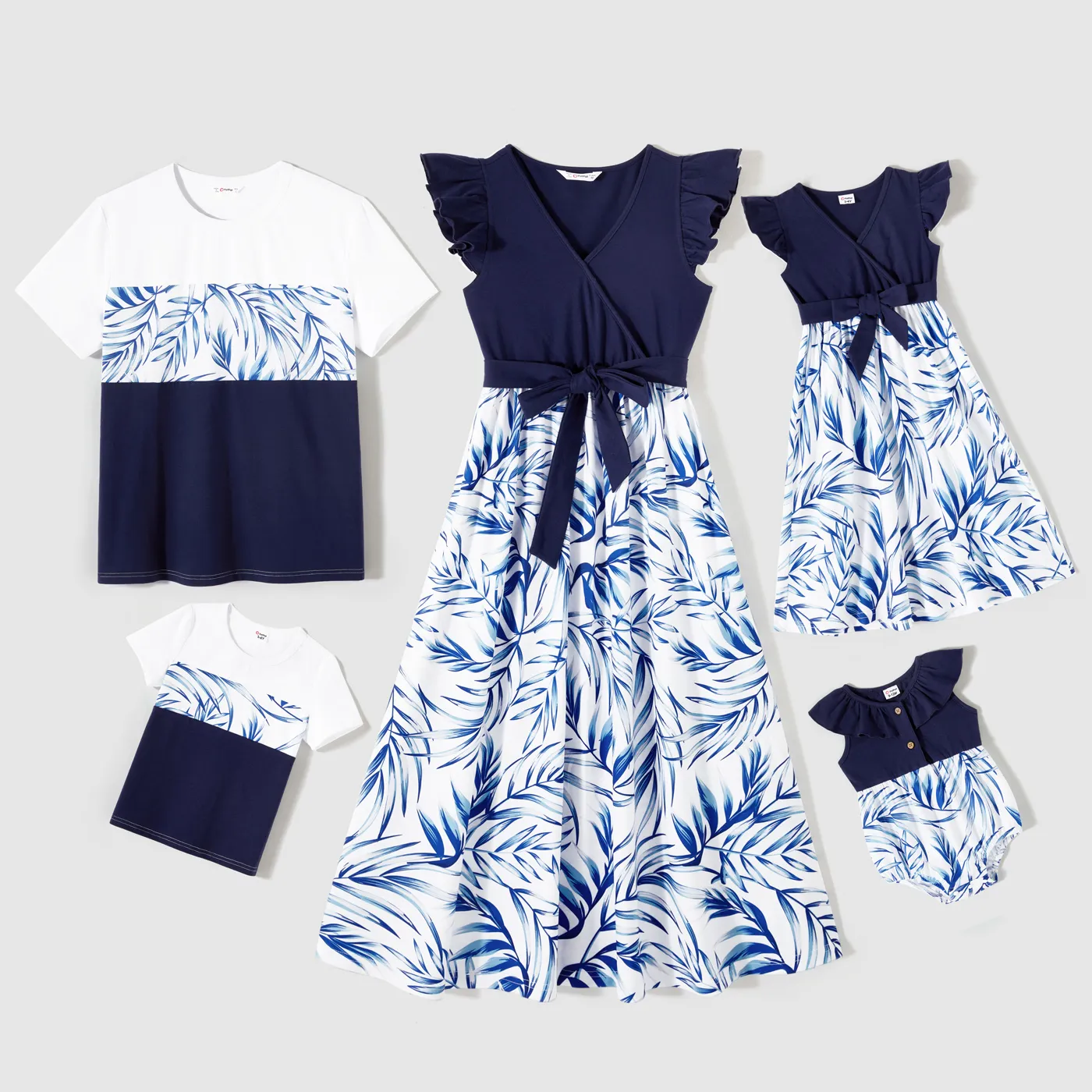 Look de família Folha de palmeira Manga curta Conjuntos de roupa para a família Conjuntos safira branco image 2