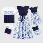 Family Matching Allover Palm Leaf Print & Solid Spliced Surplice Neck Flutter-sleeve Dresses and Colorblock Short-sleeve T-shirts Sets  image 2