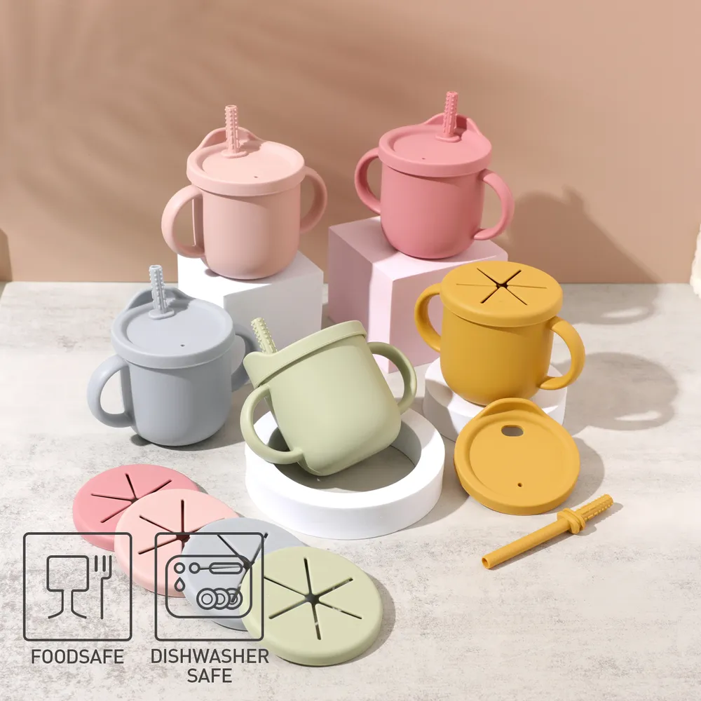 250ML/8.45OZ 2 in 1 Silicone Snack Cup Kids Silicone Sippy Cup with Straw and 2 Handles Spill Proof Food Container for Toddler Baby big image 15