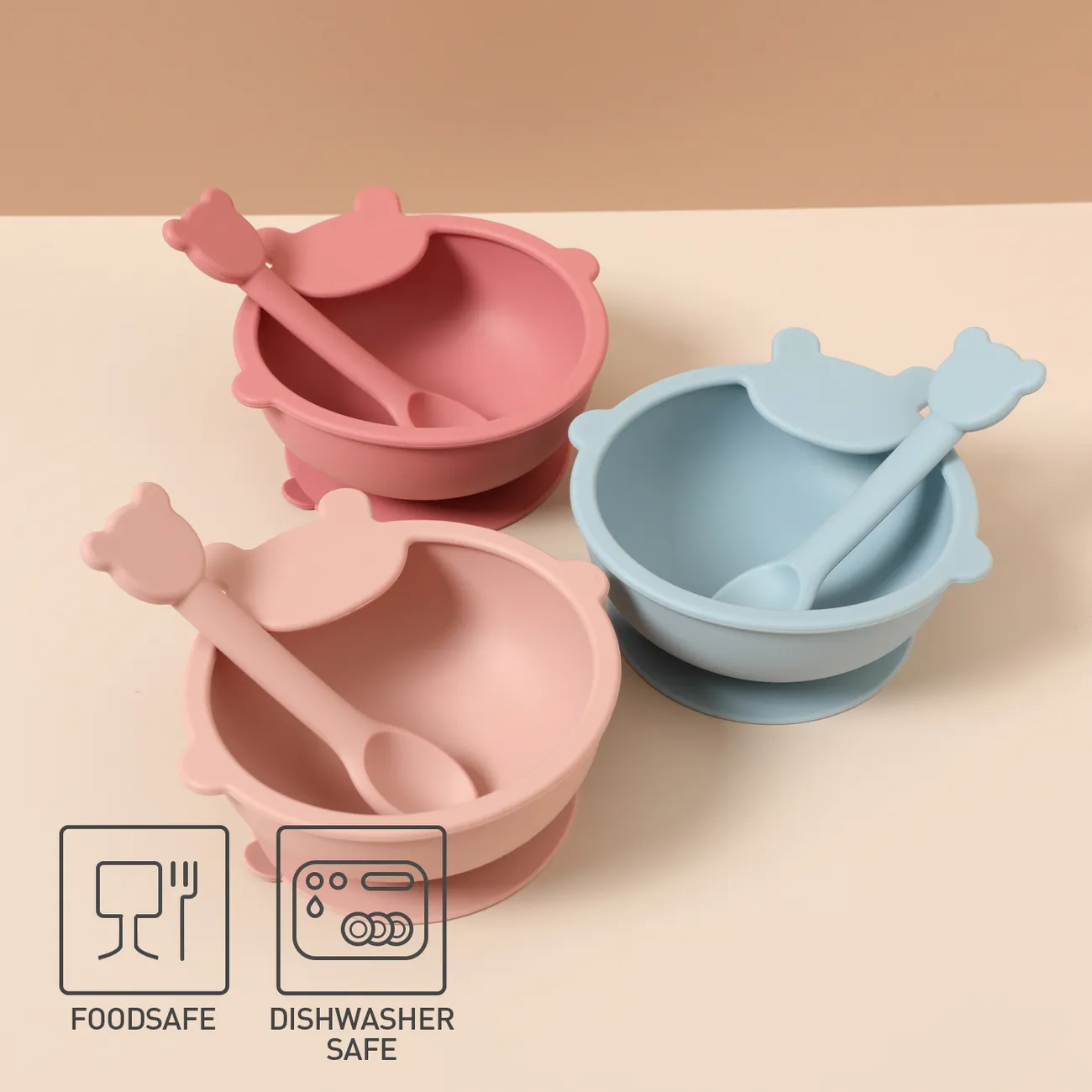 2-pack Cartoon Shape Food Grade Silicone Baby Toddler Self-Feeding Bowl Spoon Utensils Set for Self-Training Blue big image 1
